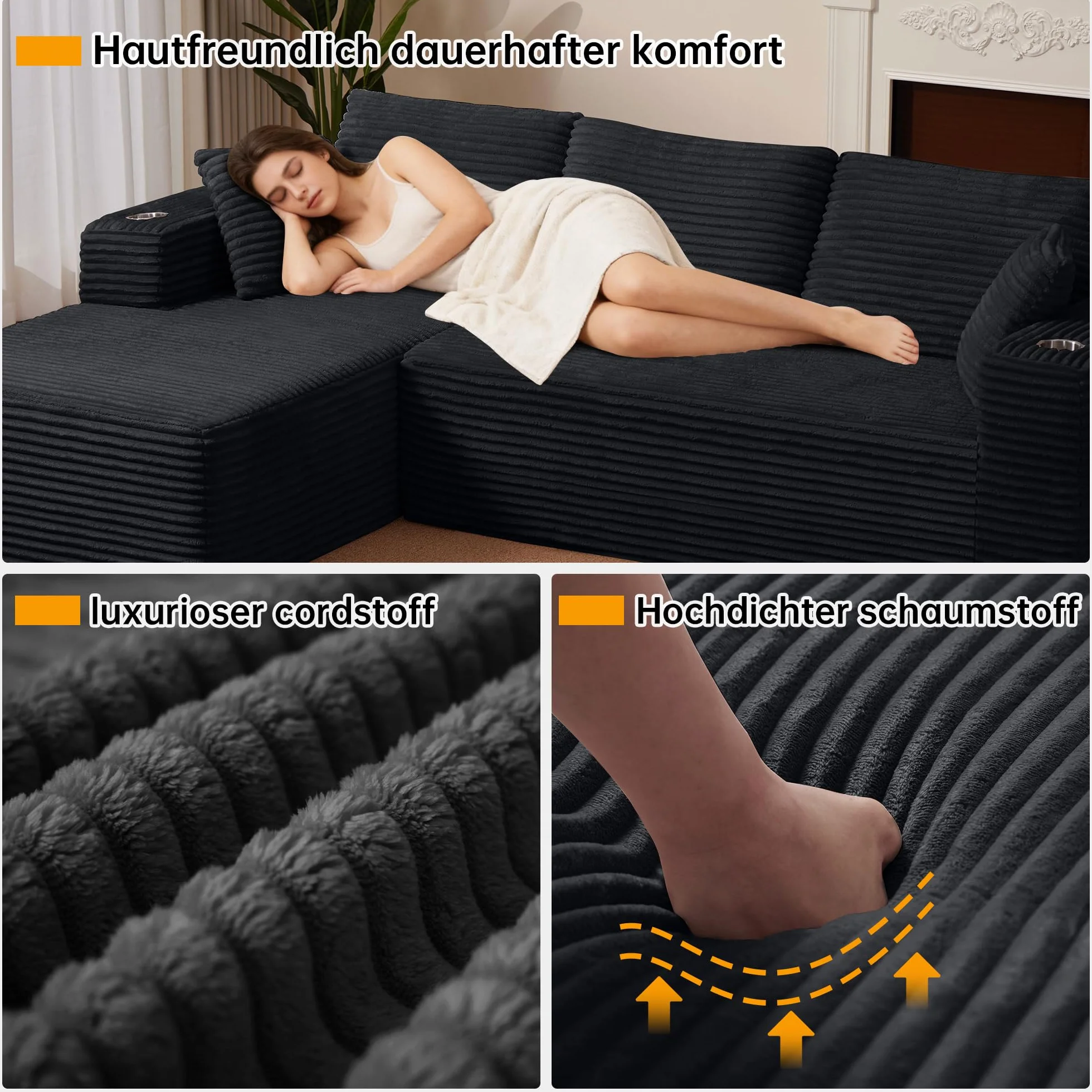 Sofa Modular sofás Comprimidos al vacío, Sofa Cama Chaise Longue 102 inch/261cm Sofá de Suelo Modular sin Estructura con Función de Dormir, Sofá para Salón o Apartamento, Negro