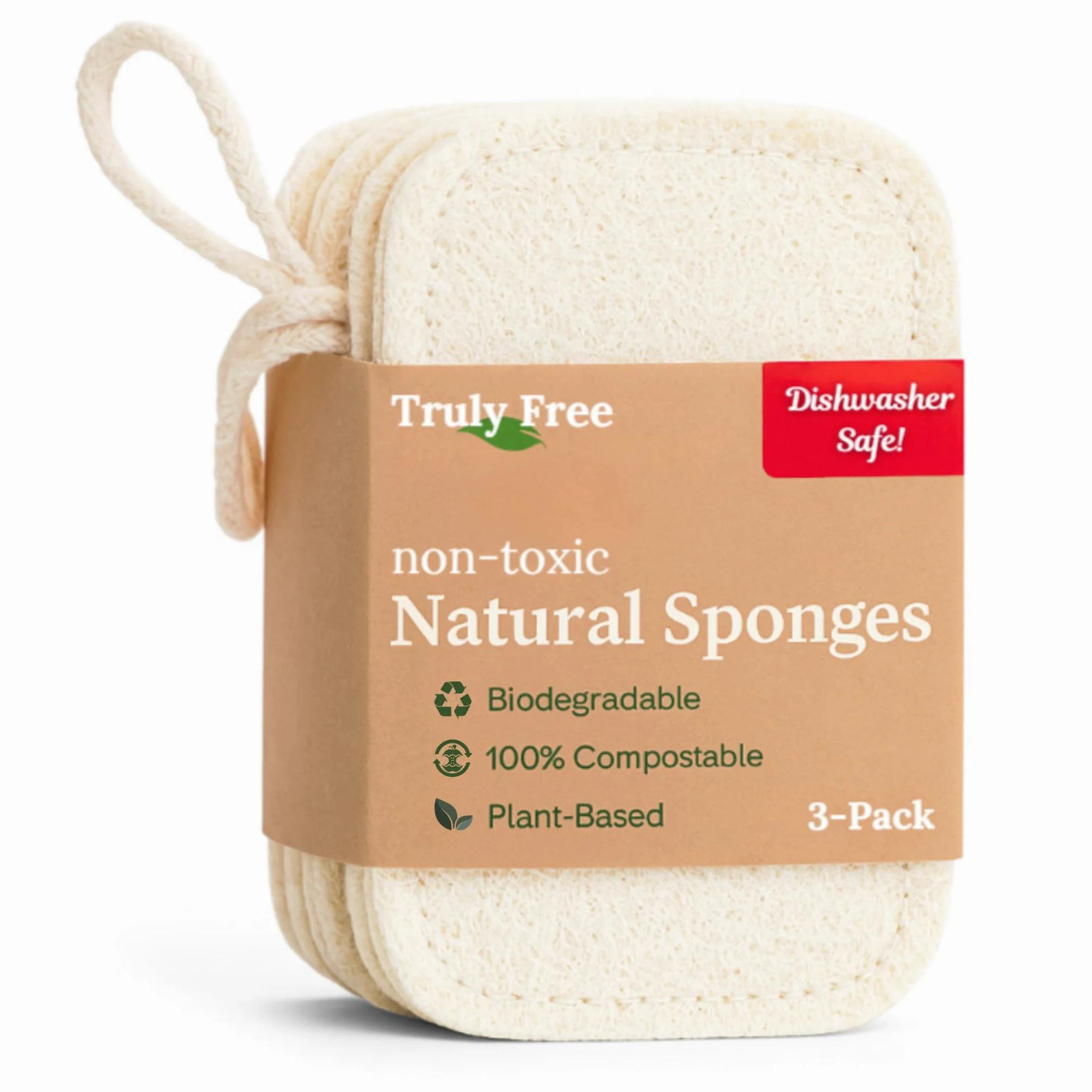 Truly Free Esponjas de limpieza naturales, 100 % orgánicas, esponja compostable a base de plantas, limpia fregadero, lechada y azulejos, estropajo antiarañazos – 4.4 x 2.8 pulgadas, paquete de 3