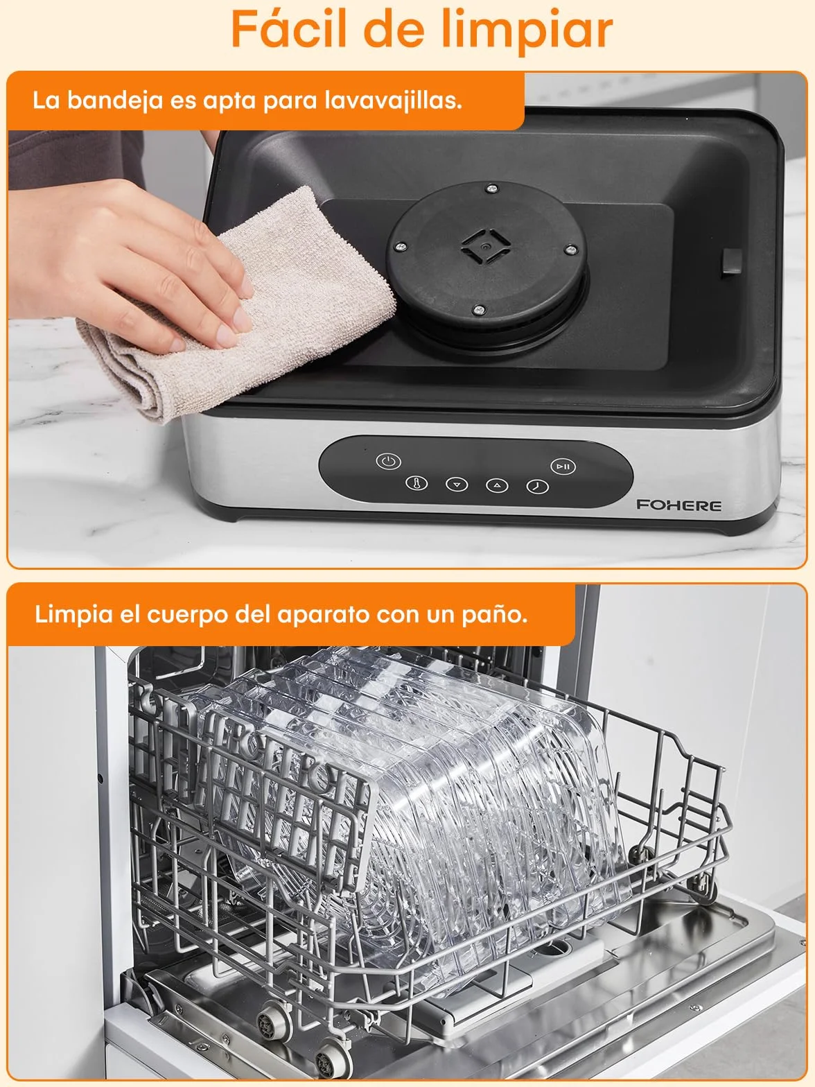 Deshidratador de Alimentos FOHERE 420W 5 Bandejas Inox Pantalla LED Temporizador Temperatura 35-70°C