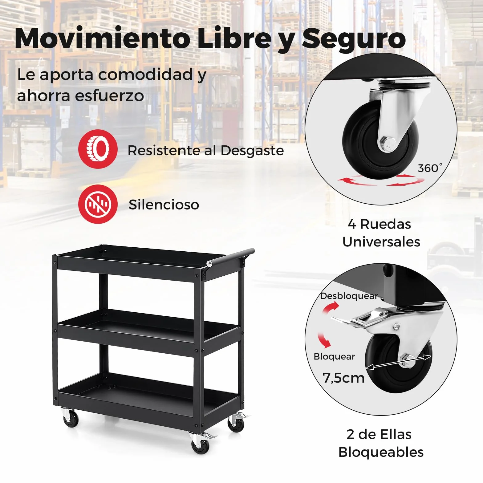 GOPLUS Carrito de Utilidad de 3 Niveles, Carro de Herramientas Organizador con 4 Ruedas Universales y Mango Lateral Toallero, Carrito de Servicio Rodante para Garaje, Baño, Almacén, Negro (Negro)