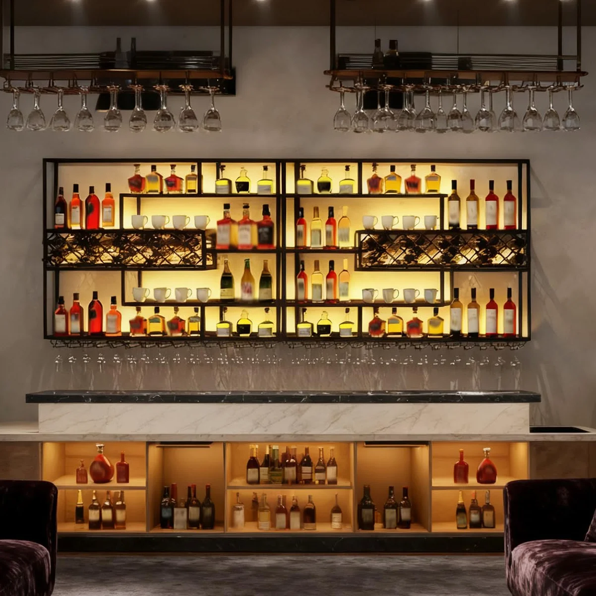 200CM Estantería de Vino de Pared con Luz LED, Metálica 4 Niveles Estilo Industrial Colgante para Botellas y Copas, Decoración para Bar en Casa y Comedor (Negro)