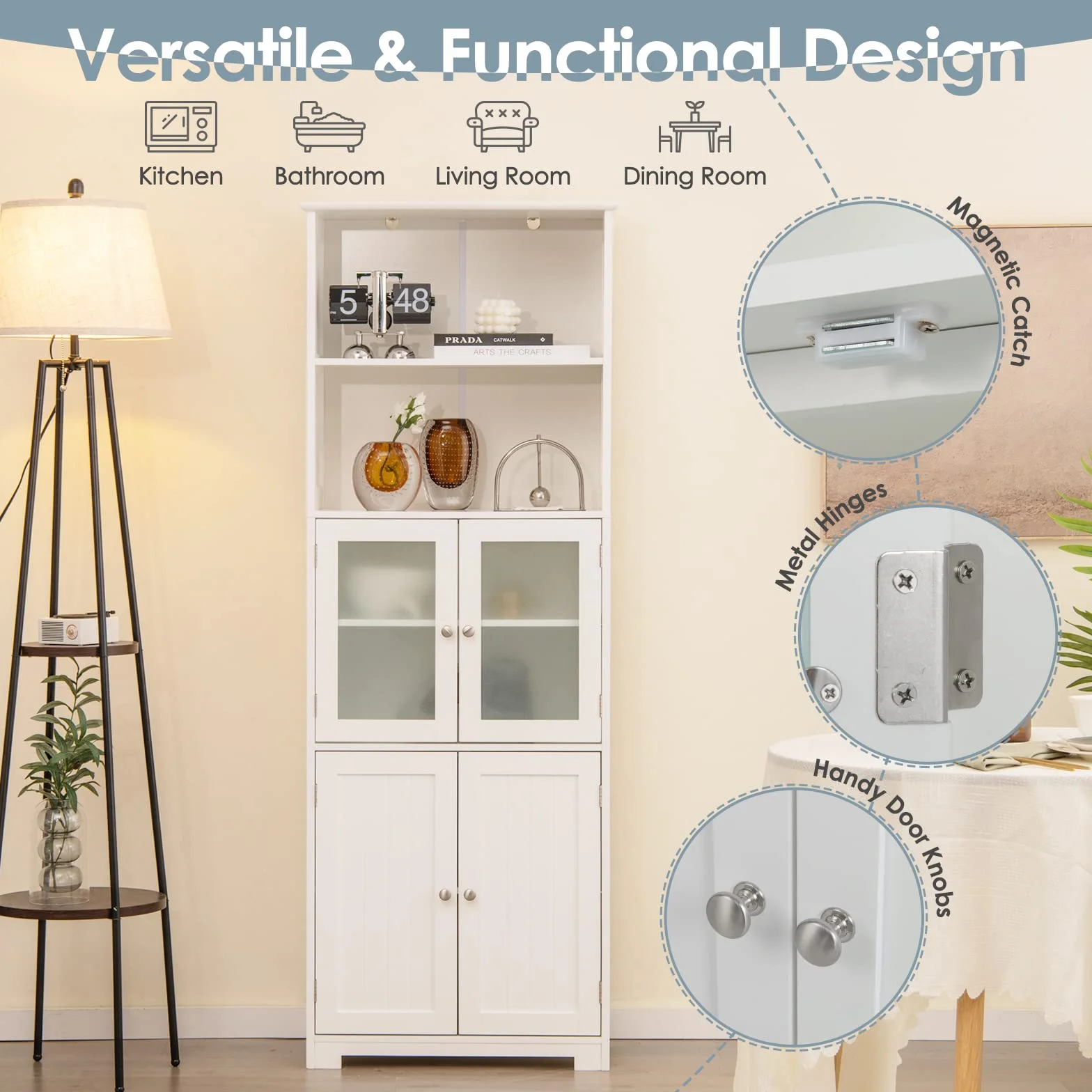 GIANTEX Armario de Almacenamiento Alto, Gabinete de Baño con Puerta & Estante Ajustable, Organizador Independiente de Suelo para Dormitorio, Cocina, Sala de Estar, Blanco,60 x 30 x 163 cm (Blanco)