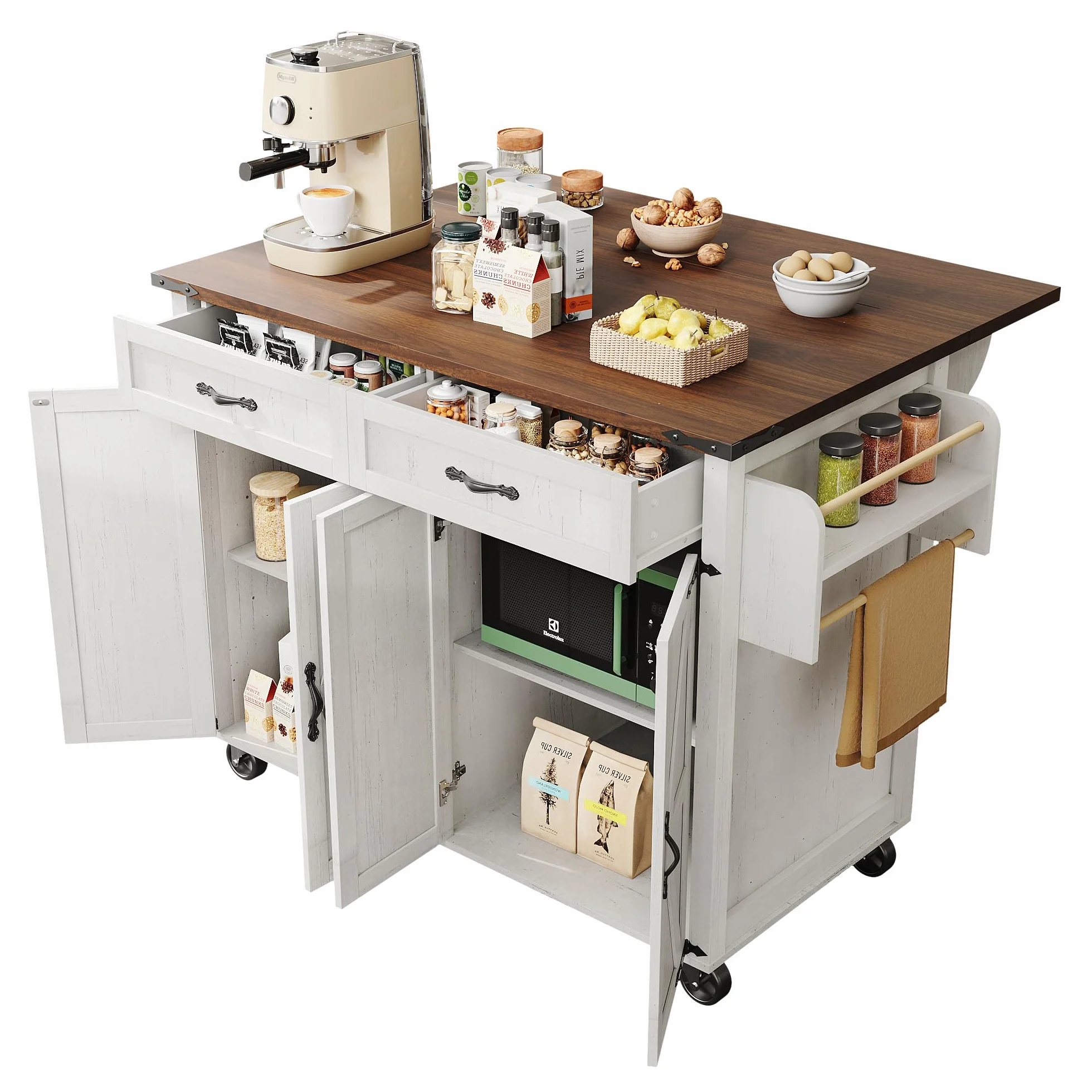 LAKFEW Isla Cocina con Ruedas, Aparador Cocina con Encimera Plegable y 4 Puertas, Mueble Cocina con 2 Cajones y Toallero, 140x45(73) x93 cm, Blanco