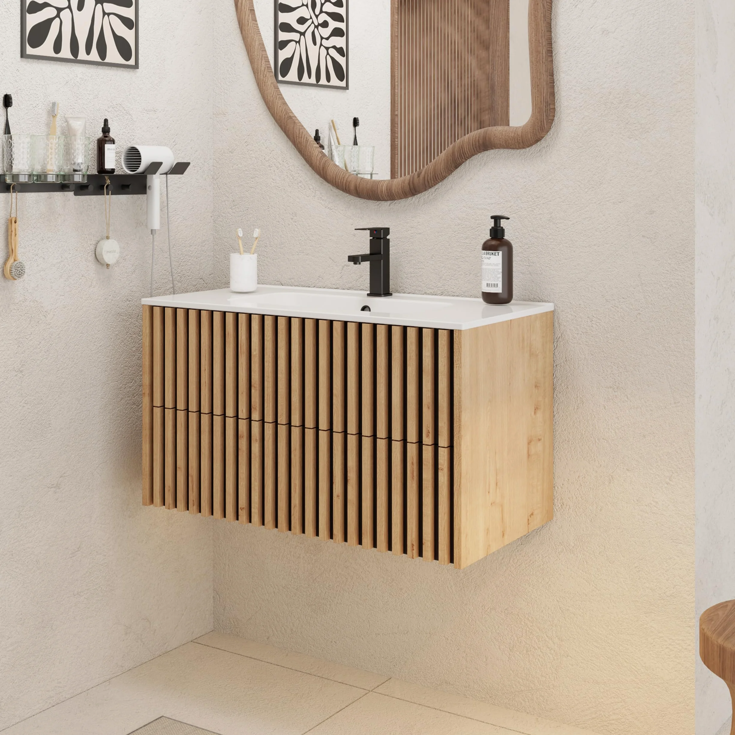 UEV 90CM Mueble de Baño Suspendido con Lavabo de Cerámica, Mueble Lavabo Incluido con 2 Cajones para Almacenaje, Moderno y Práctico, Natural