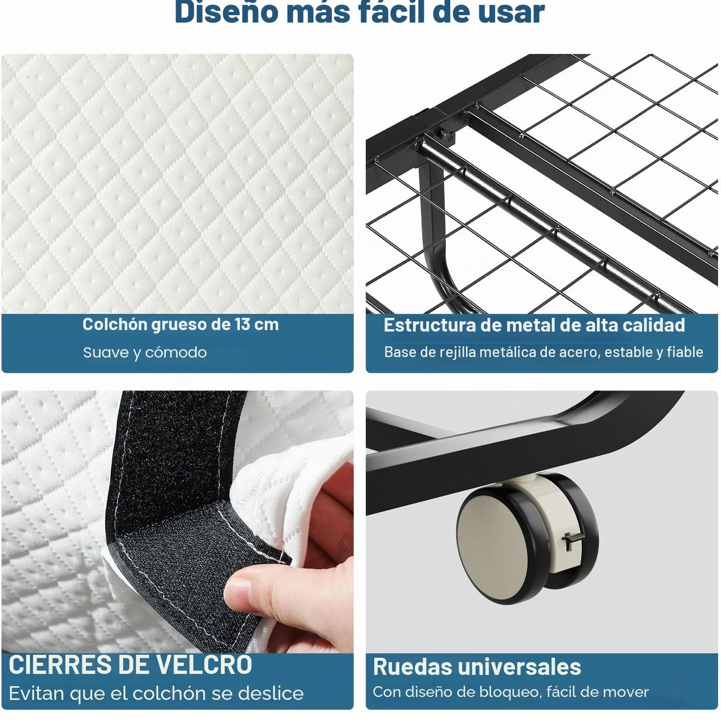 Cama plegable 90x200 cm, cama supletoria, cama plegable con colchón de 13 cm de grosor, 4 ruedas con freno, cama para adultos con capacidad de carga hasta 200 kg, para sala de estar
