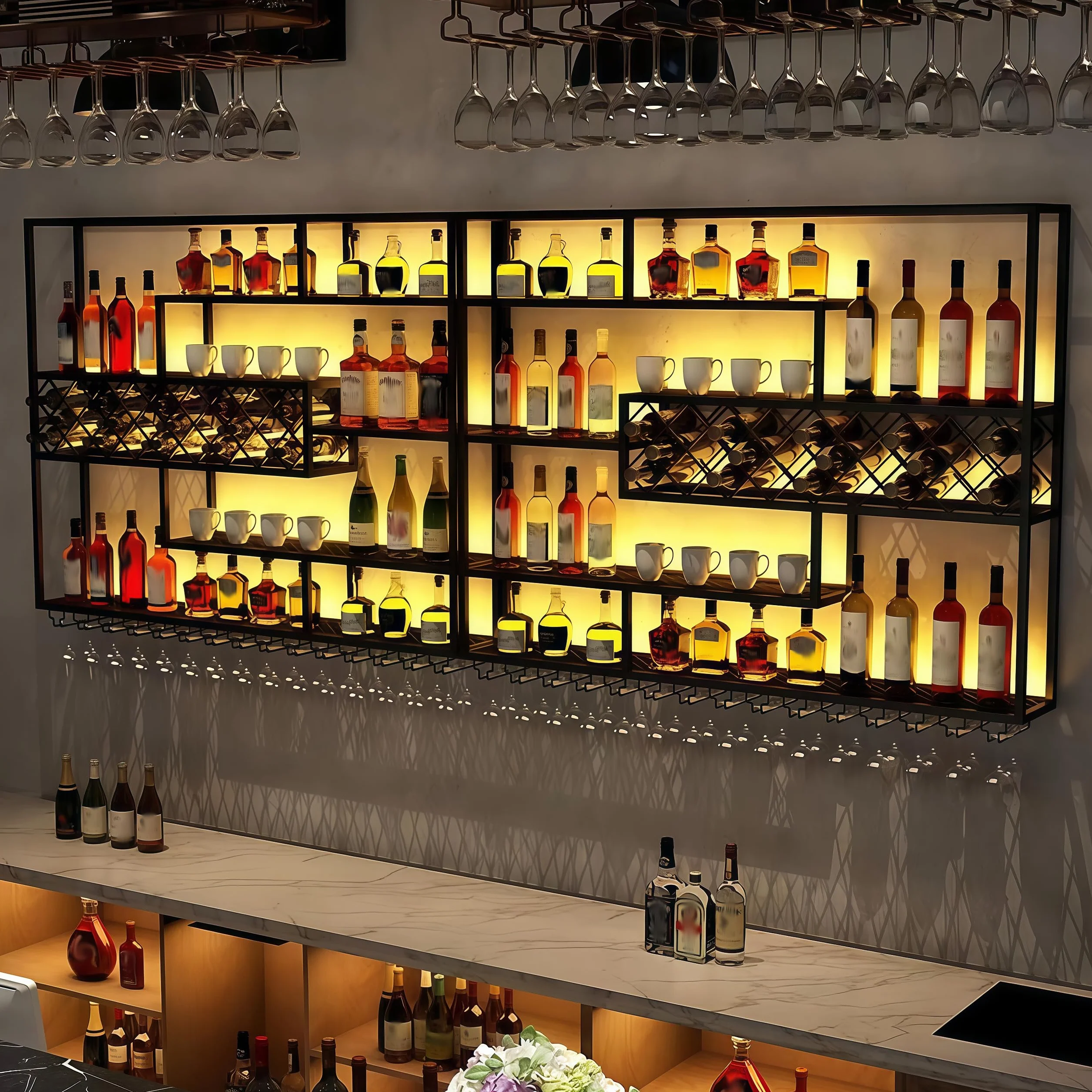 200CM Estantería de Vino de Pared con Luz LED, Metálica 4 Niveles Estilo Industrial Colgante para Botellas y Copas, Decoración para Bar en Casa y Comedor (Negro)