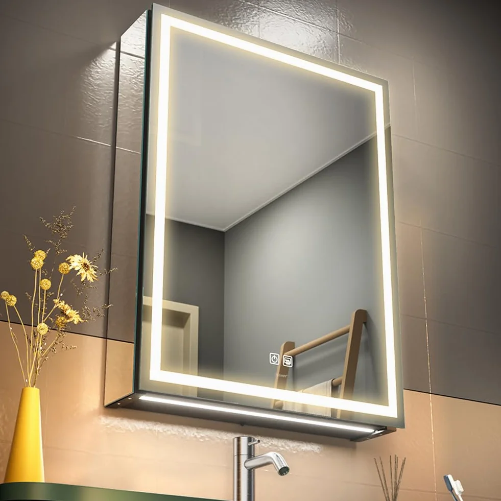 GANPE LED Beleuchtetes Badezimmer Medizin Spiegel Schrank, Defog, Stufenloses Dimmen, Speicher 3-Farben Modus, Regale, Steckdosen & USBs, 50x70 cm