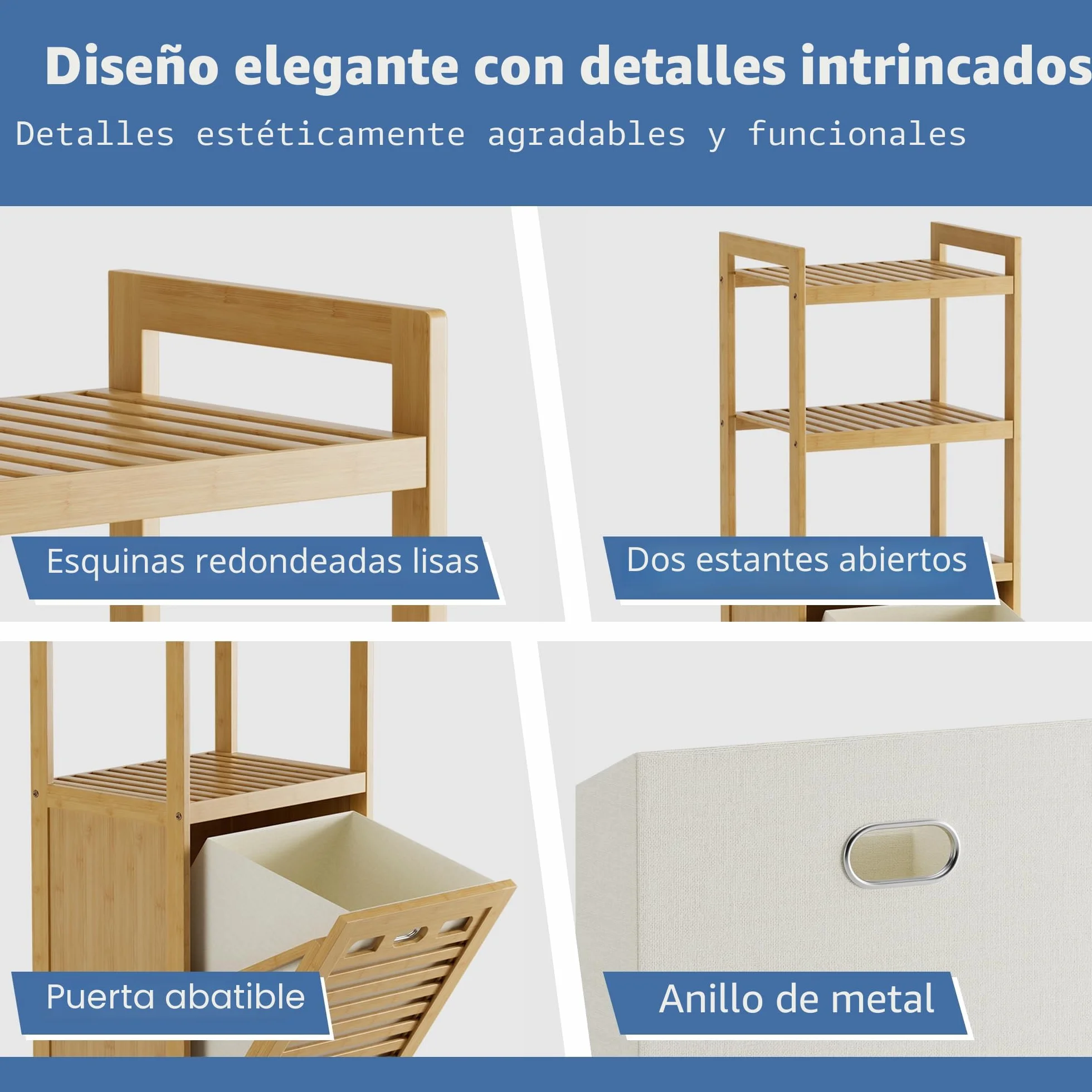 HITNET Armario de Baño con Cesto Ropa Sucia, Mueble Ropa Sucia de Bambú, 40L Bolsa Interior Extraíble con Asas y 3 estantes Abiertos, para Lavadero,Sala de Estar y Dormitorio, Natural