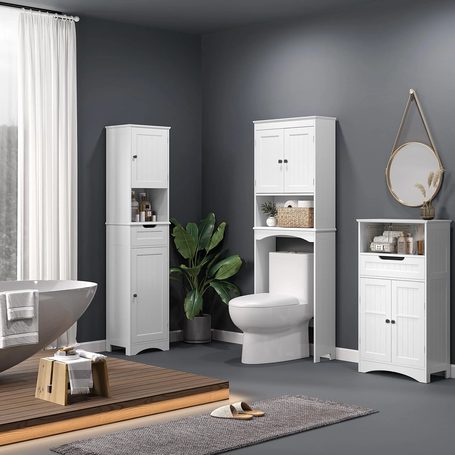 Bealife Mueble sobre Inodoro Armario Alto con 2 Puertas y Estantes Abierto 168x60x24cm