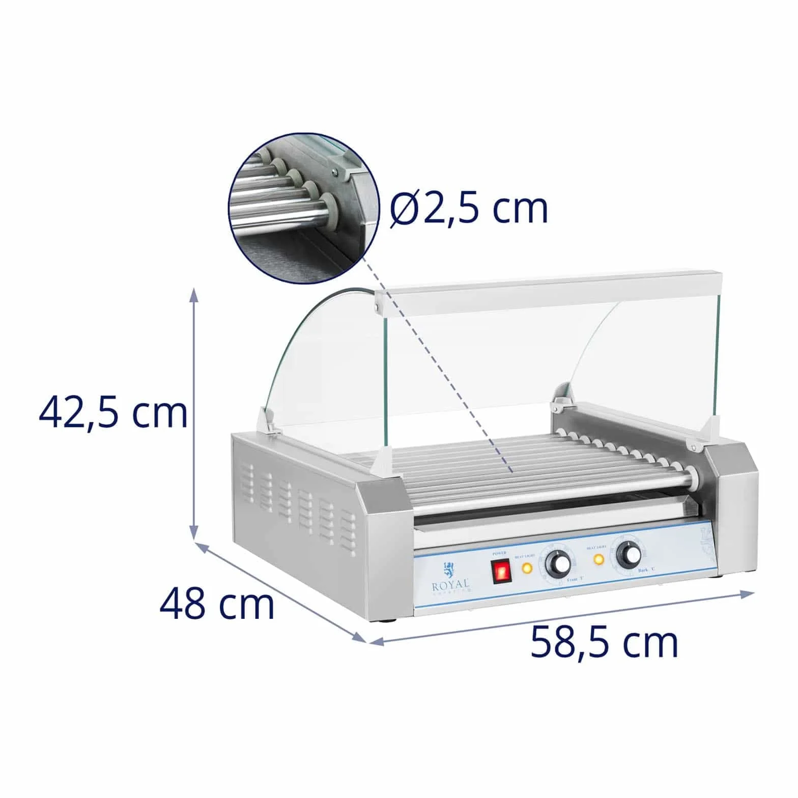 Royal Catering RCHG-11E Asador de perritos calientes 11 Rodillos 1850W 230 V Acero inox