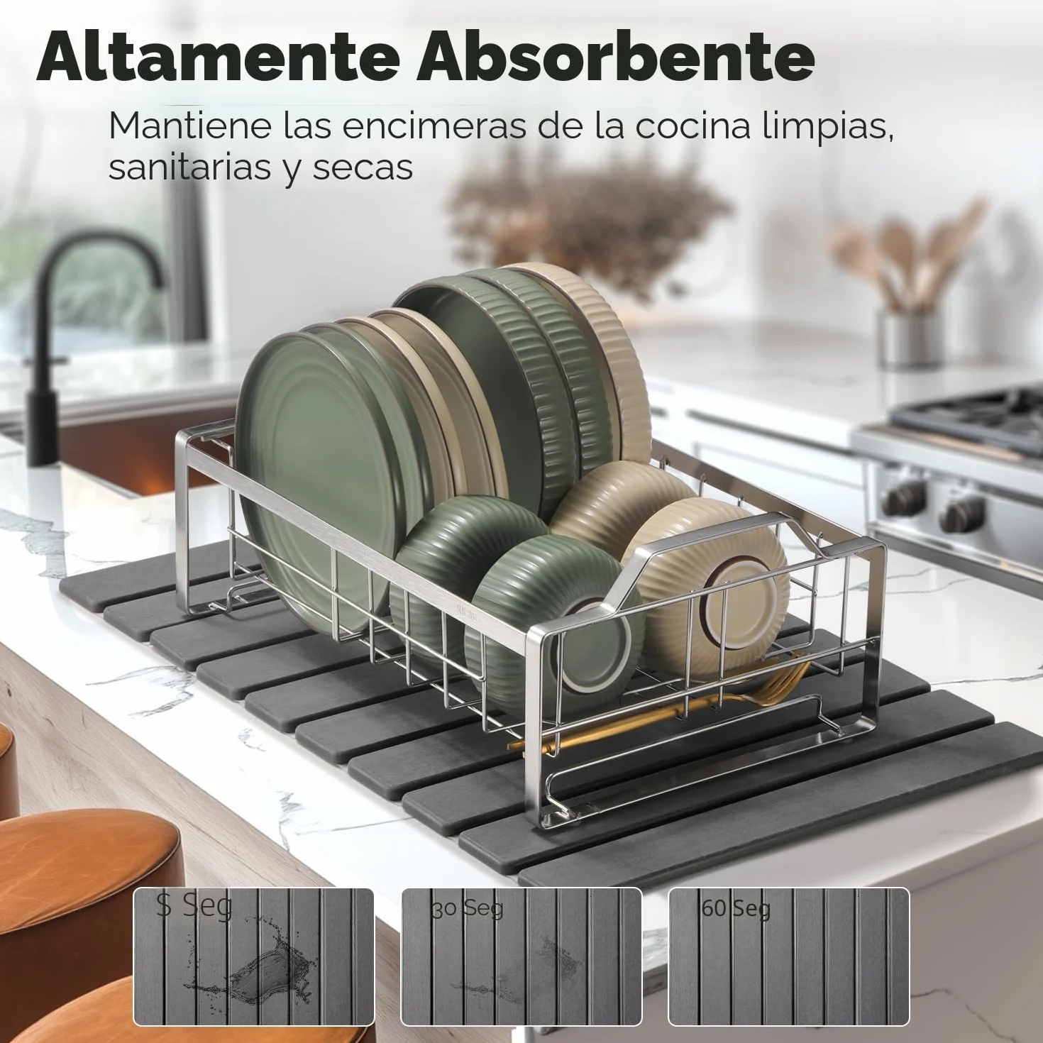 Alfombrilla de goteo para platos, 60 x 40 cm, tierra de diatomeas, plegable, secado rápido, cocina