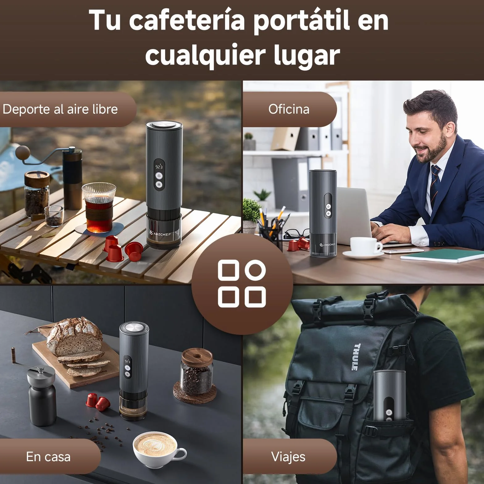 AMZCHEF Cafetera Portatil – 20 Bares, USB-C, Pantalla Digital,Compatible con Cápsulas – Cafetera Portátil Cápsula de Espresso para Viajes, Camping y Oficina,Aluminio