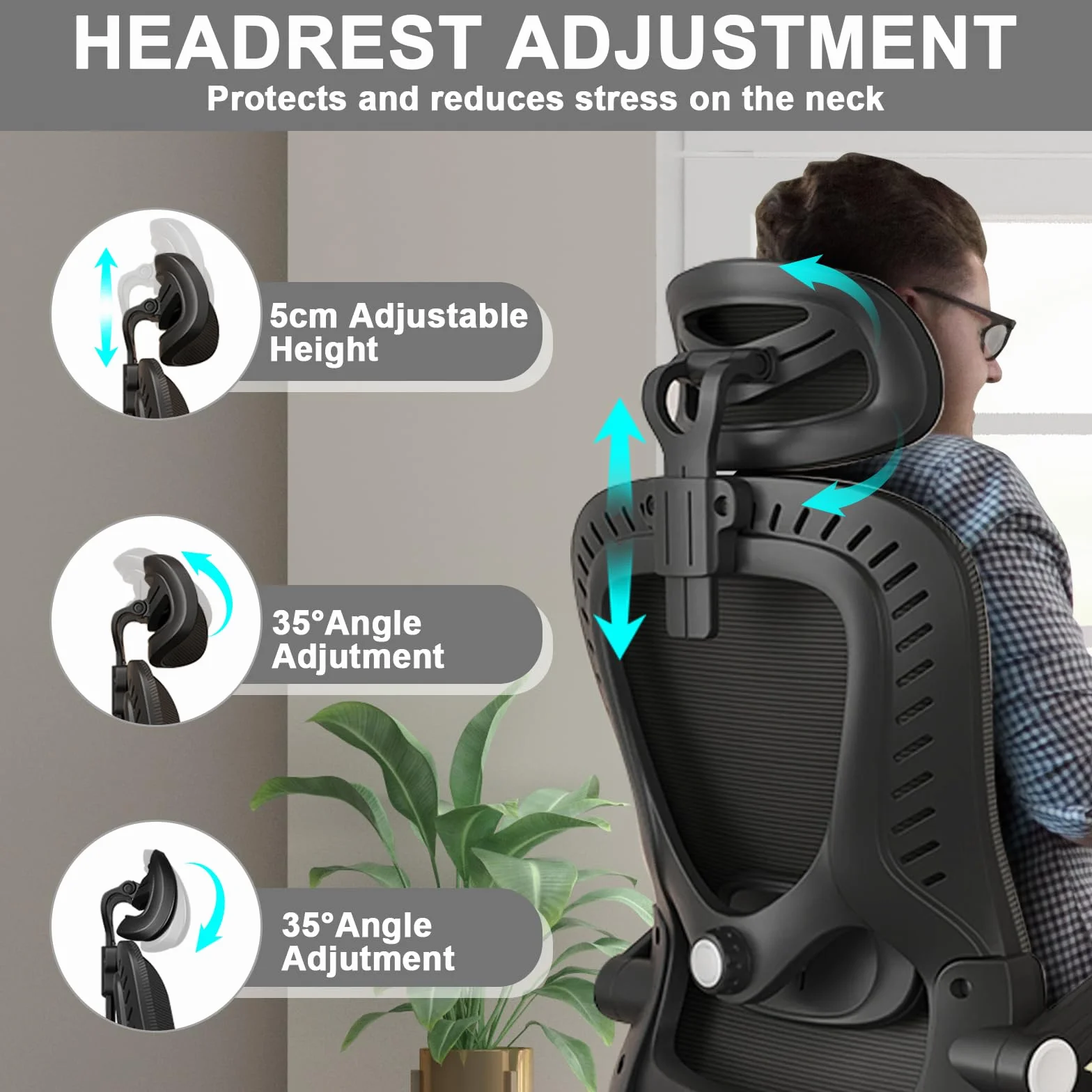 LEVIPE Silla de Oficina Ergonómica con Soporte Lumbar, Reposabrazos y Reposacabezas Ajustable, Respaldo Alto Giratoria