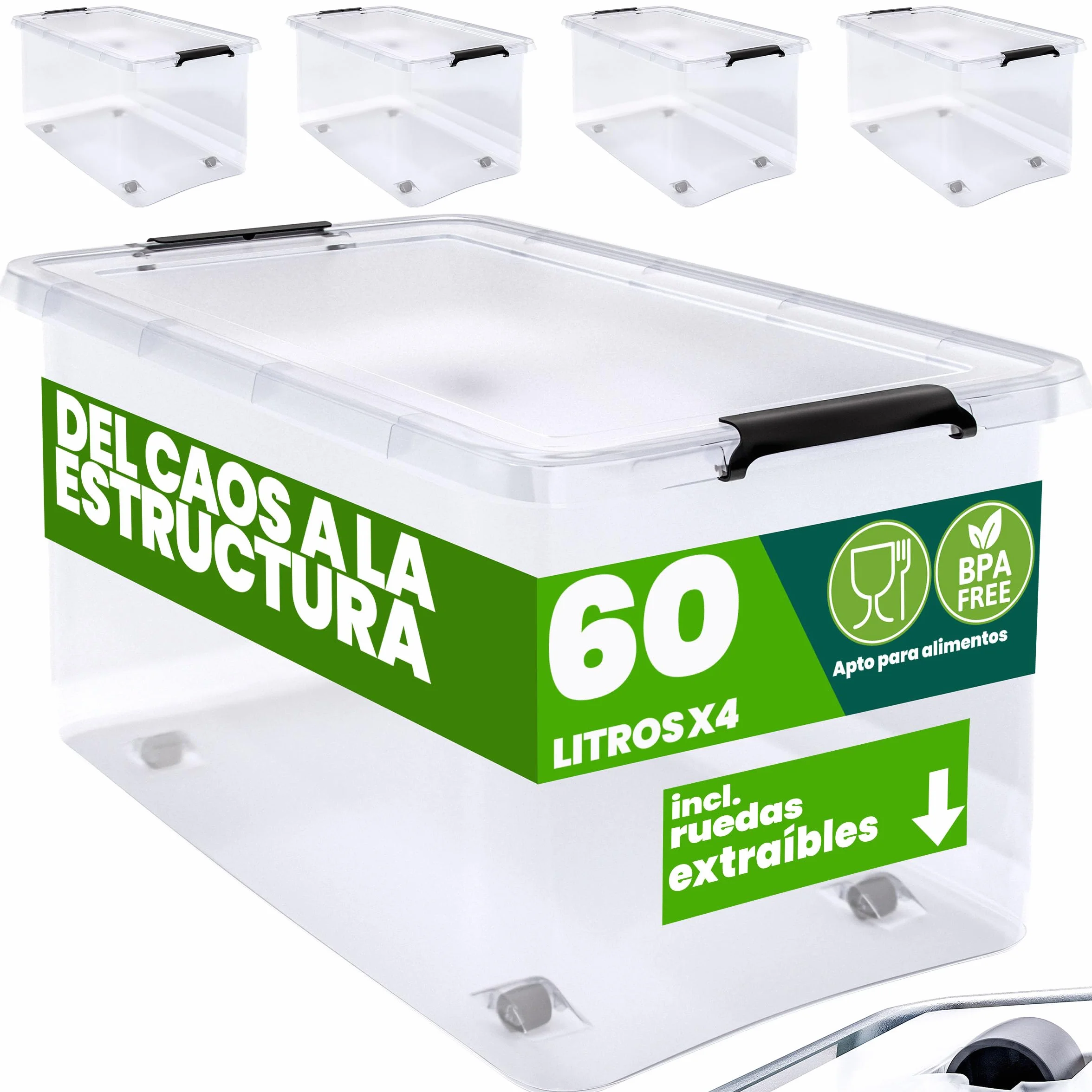 Deuba 4X Cajas de Almacenamiento 60L Tapa Clips de Cierre Transparentes Apilable