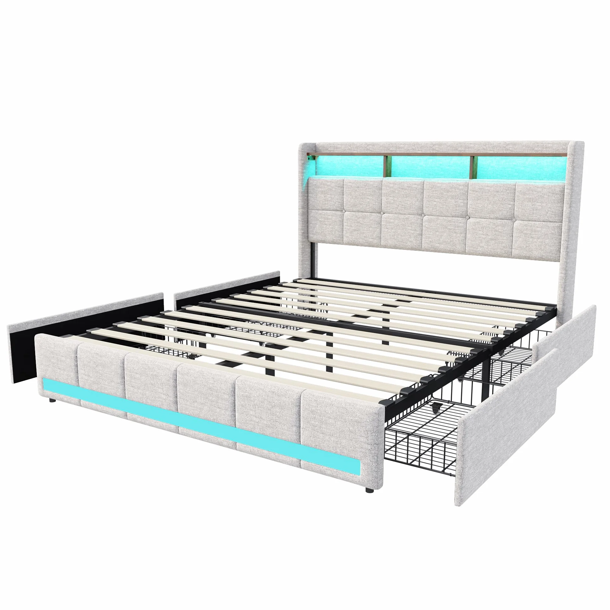 Cama Tapizada 160x200 con Espacio de Almacenamiento, Cama Matrimonial con Toma USB y luz LED, Cama Juvenil con 4 Cajones, Estructura de Cama con cabecero y somier, Tela de Lino, Sin Colchón, Beige A