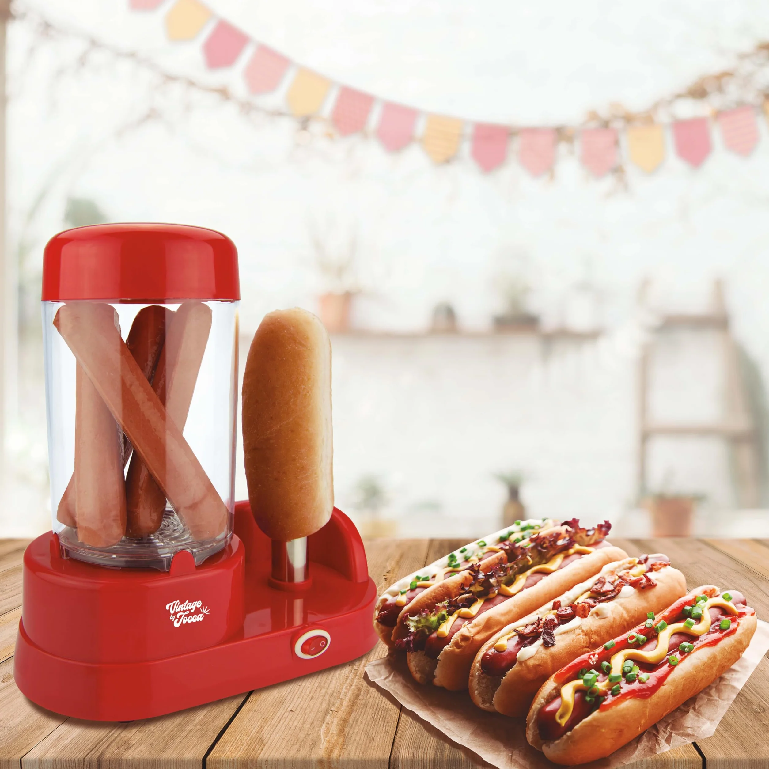 Jocca - Máquina de Perritos Calientes con Display, 350W, Capacidad 6 Salchichas, Barra de Acero Inoxidable, Rojo
