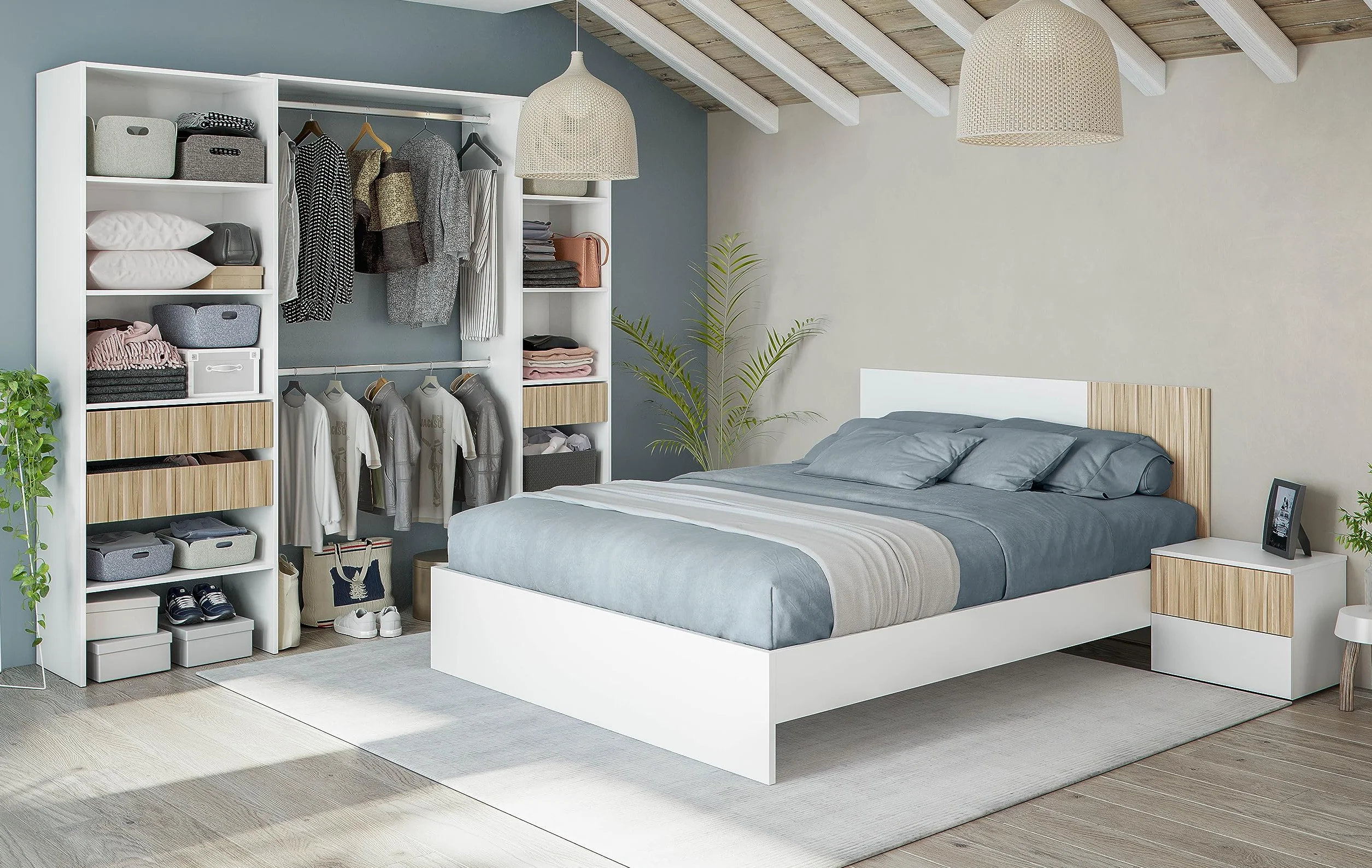 Mobelcenter, Conjunto Cabezal y 2 Mesitas Dormitorio Ethna, Cabecero y Mesitas para Cama de Matrimonio, Color Blanco Artik y Natur, Medidas: Ancho: 266 cm x Fondo: 34 cm x Alto: 91 cm (1428)
