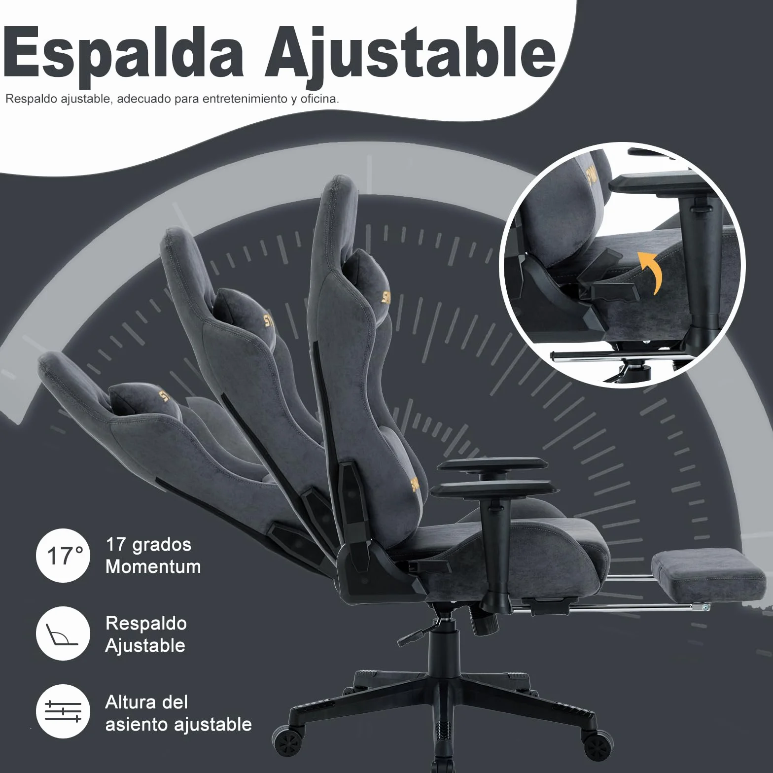 Symino Silla Gaming Ergonómica Reclinable con Reposapiés Ajustable, Soporte Lumbar y Reposacabezas Regulable, Altura Ajustable para Adultos hasta 200kg (Gamuza Artificial,Grey)