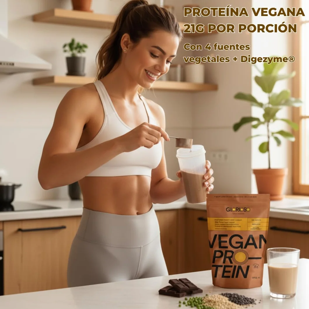 GLORIOSO Proteína Vegana Sin Azúcar Ni Lactosa Sin Gluten DigeZyme® Bajo en Carbohidratos Vegan Protein Powder Chocolate 600g