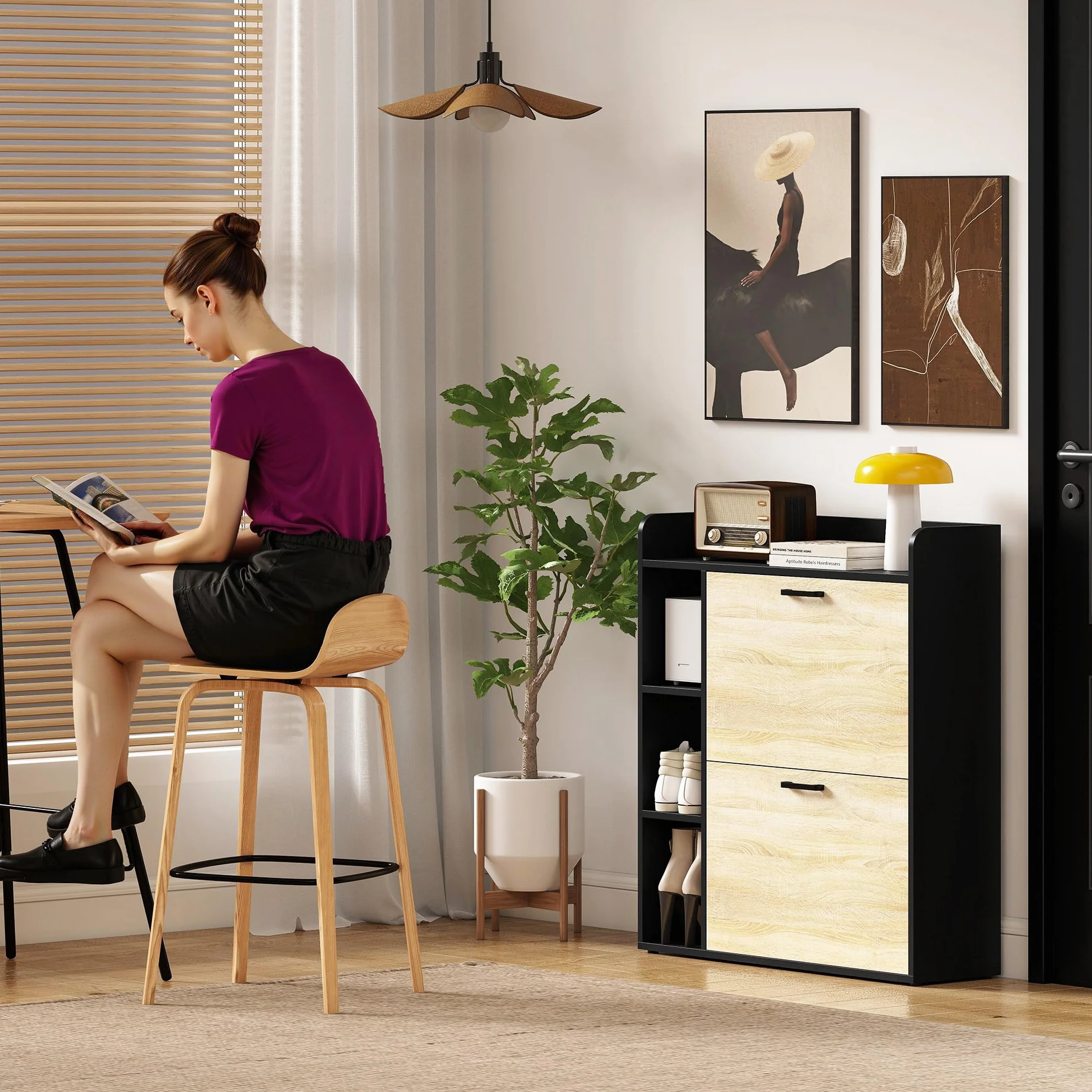 HOMCOM Zapatero Estrecho 2 Puertas, Zapatero Entrada Recibidor con 3 Estantes Laterales y Estantes Ajustables, para 15 Pares de Zapatos, para Pasillo, Espacio Reducido, 83x24x90,5 cm, Natural y Negro