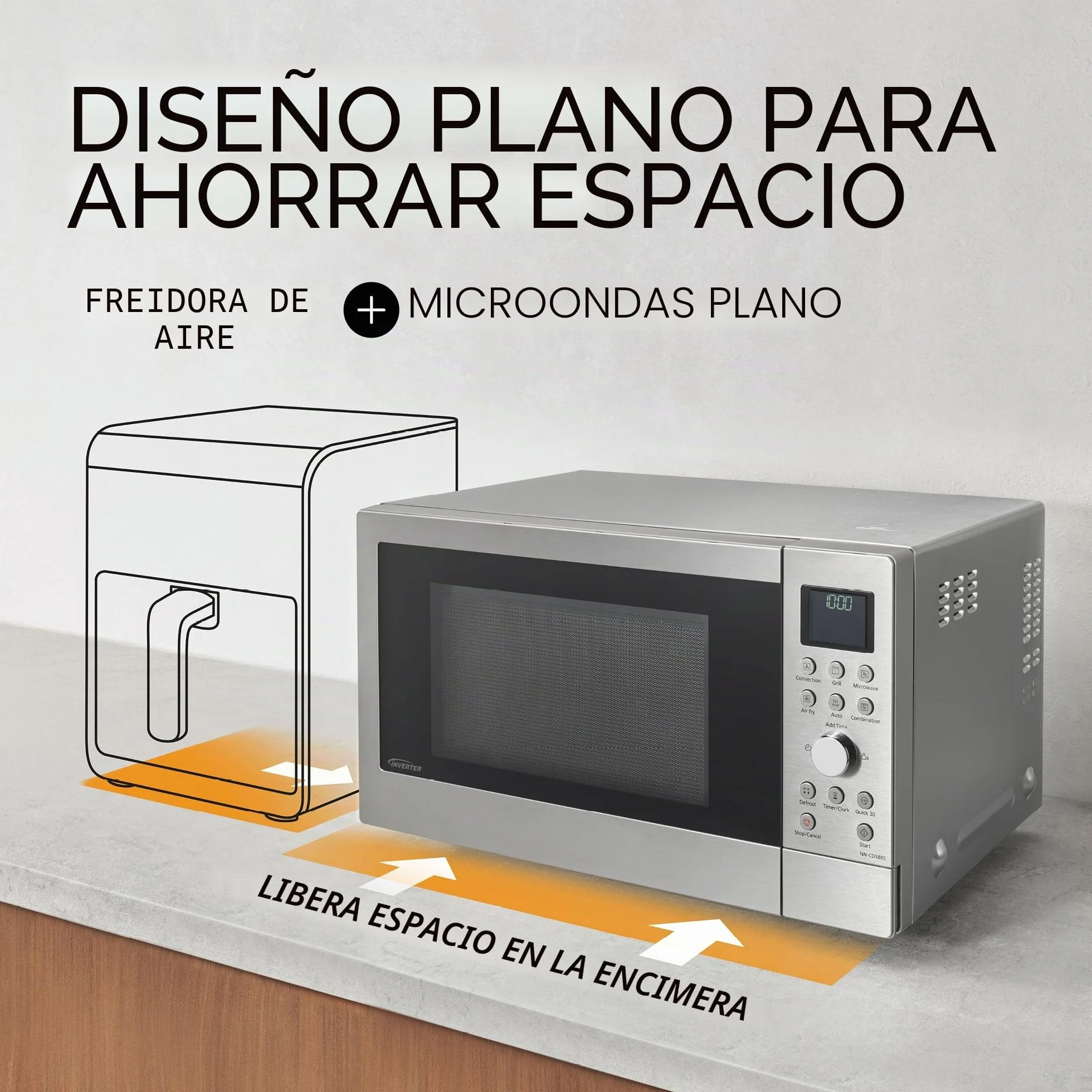 Panasonic NN-CD58RSEPG Horno Microondas Combinado 4 en 1 de 27 L con Freidora De Aire, Inverter de 1000 W, Grill de 1300 W, Convección, 19 Programas Automáticos, Acero iInoxidable