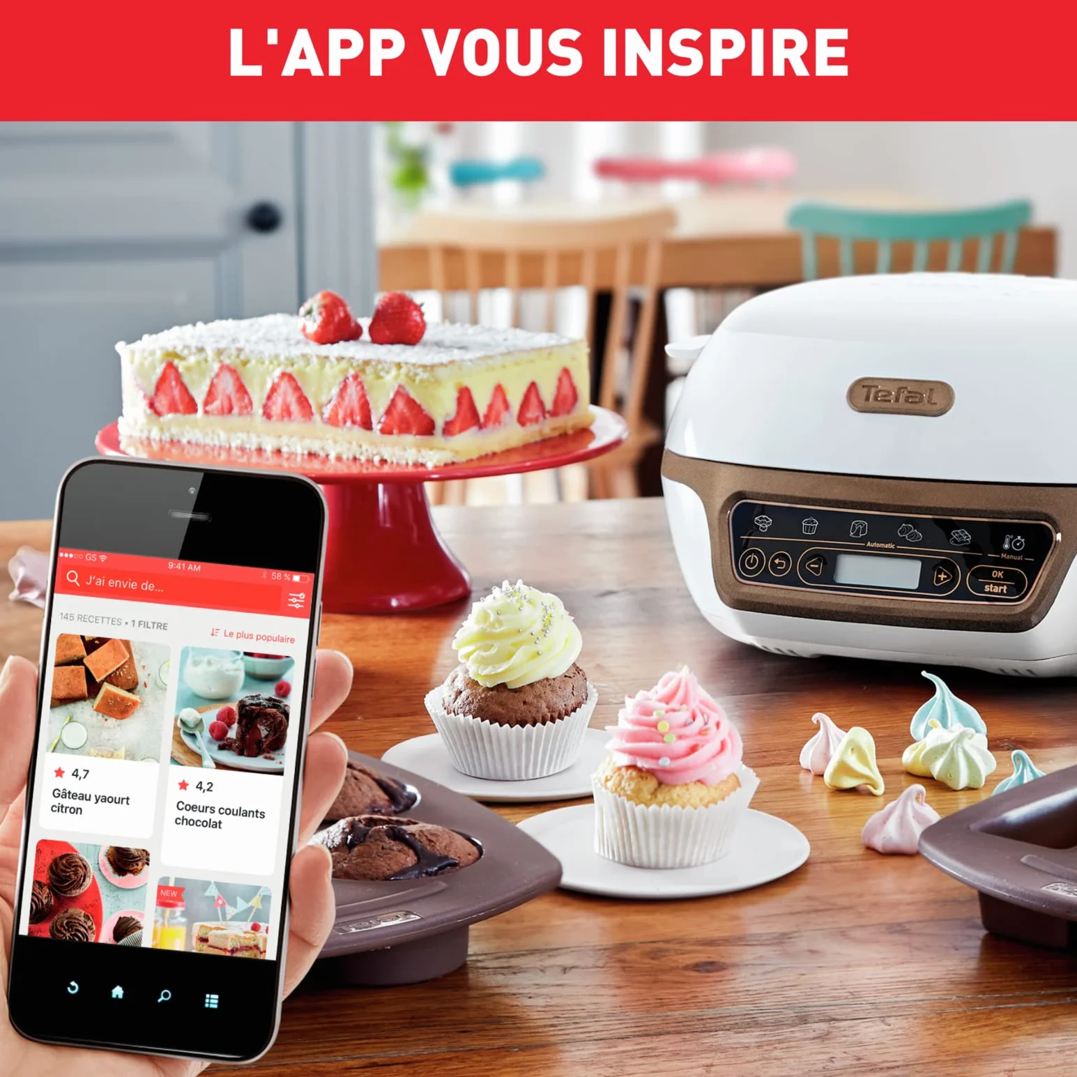 Tefal Cake Factory - Máquina inteligente para tartas, electrodoméstico de cocción, de pastelería, máquina de pan, magdalenas, con 4 moldes, 5 programas, compatible con moldes Crispybake KD802112