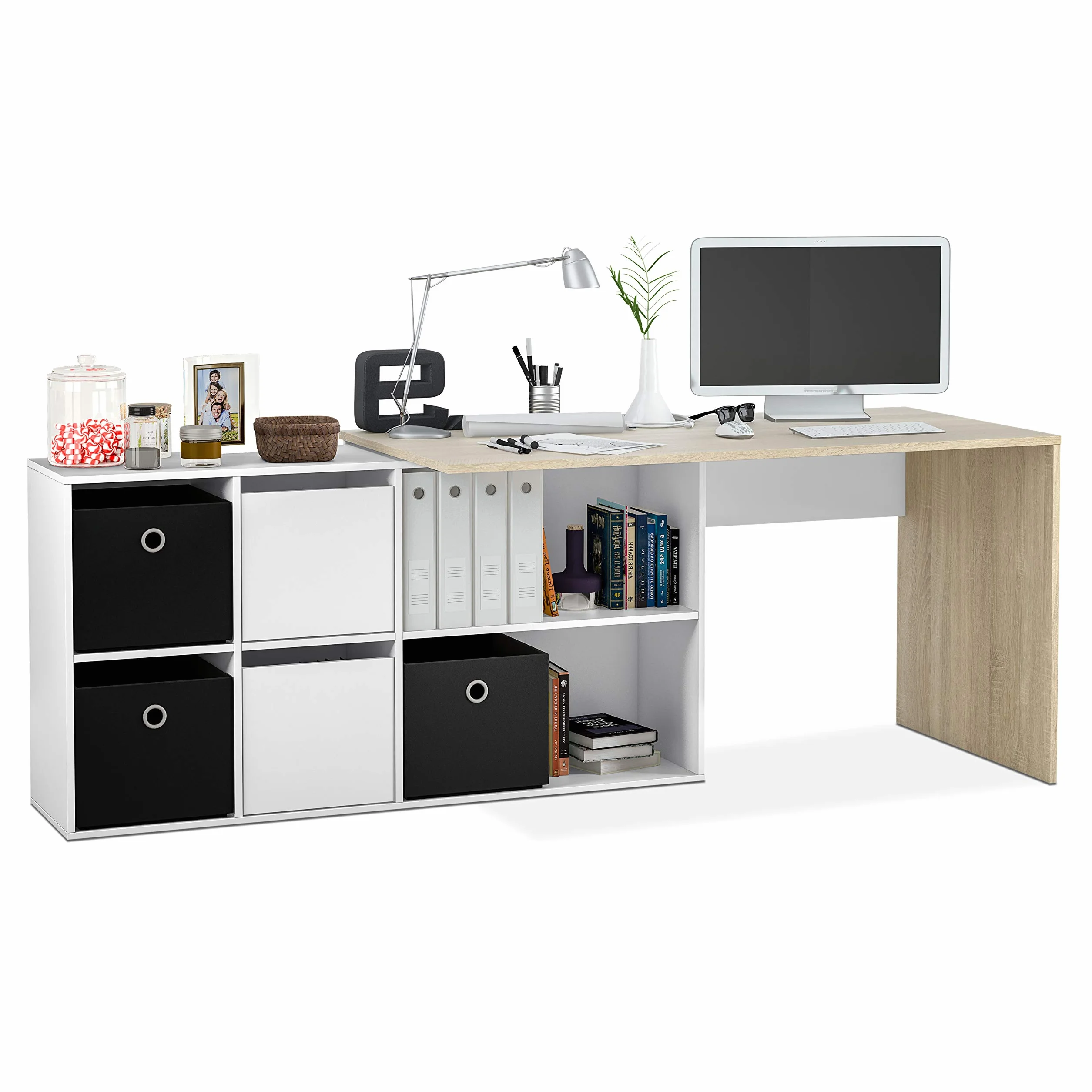 duehome | Escritorio Multiposición Reversible, Mesa Estudio, Mesa PC, Modelo Move, Acabado en Blanco Artik y Roble Canadian, Medidas: 136 cm (Largo) x 139 cm (Ancho) x 74 cm (Alto)