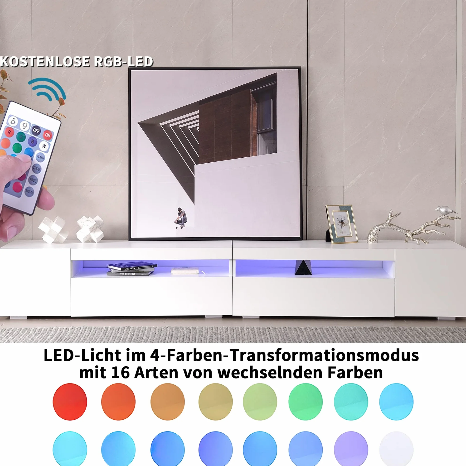 Mueble de TV moderno blanco, panel brillante, iluminación LED variable, salón y comedor 240 cm