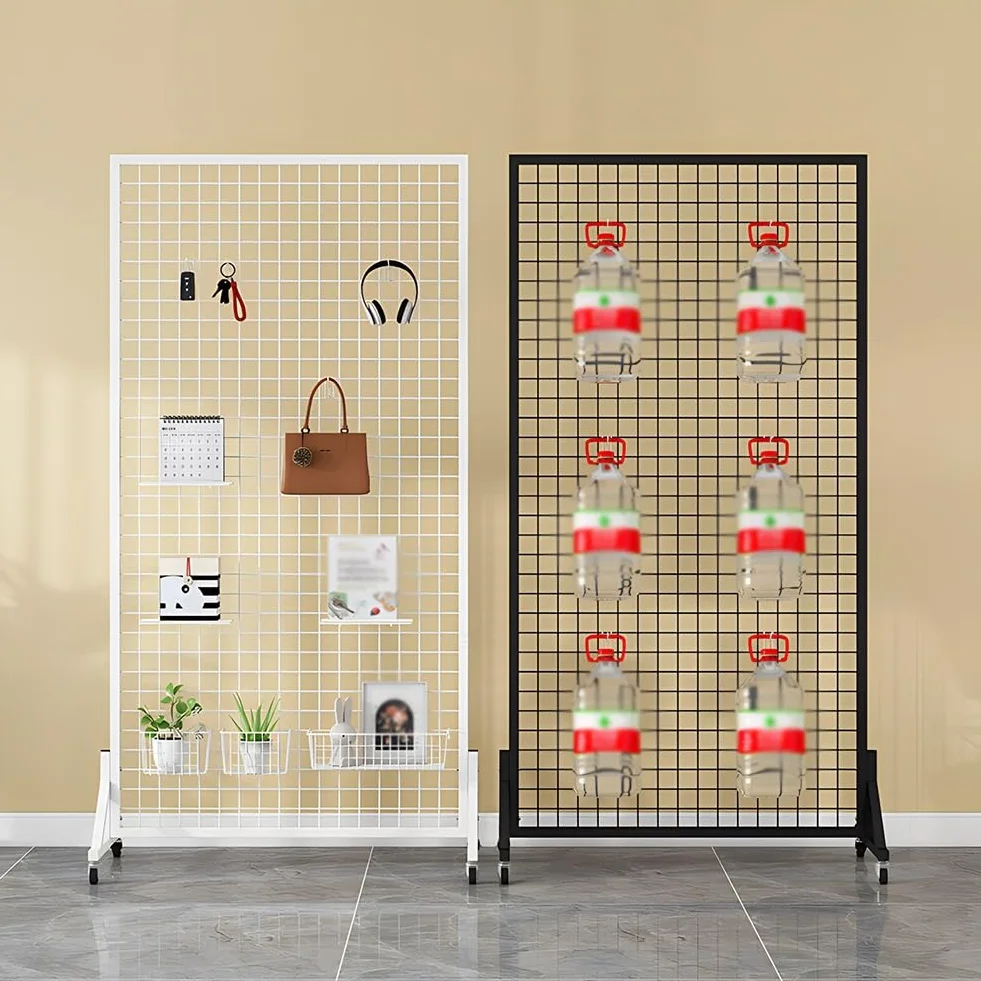 Expositor De Pie para Paneles Gridwall Estante De Almacenamiento Móvil De Malla Metálica con 4 Ruedas 60x40x120cm Blanco