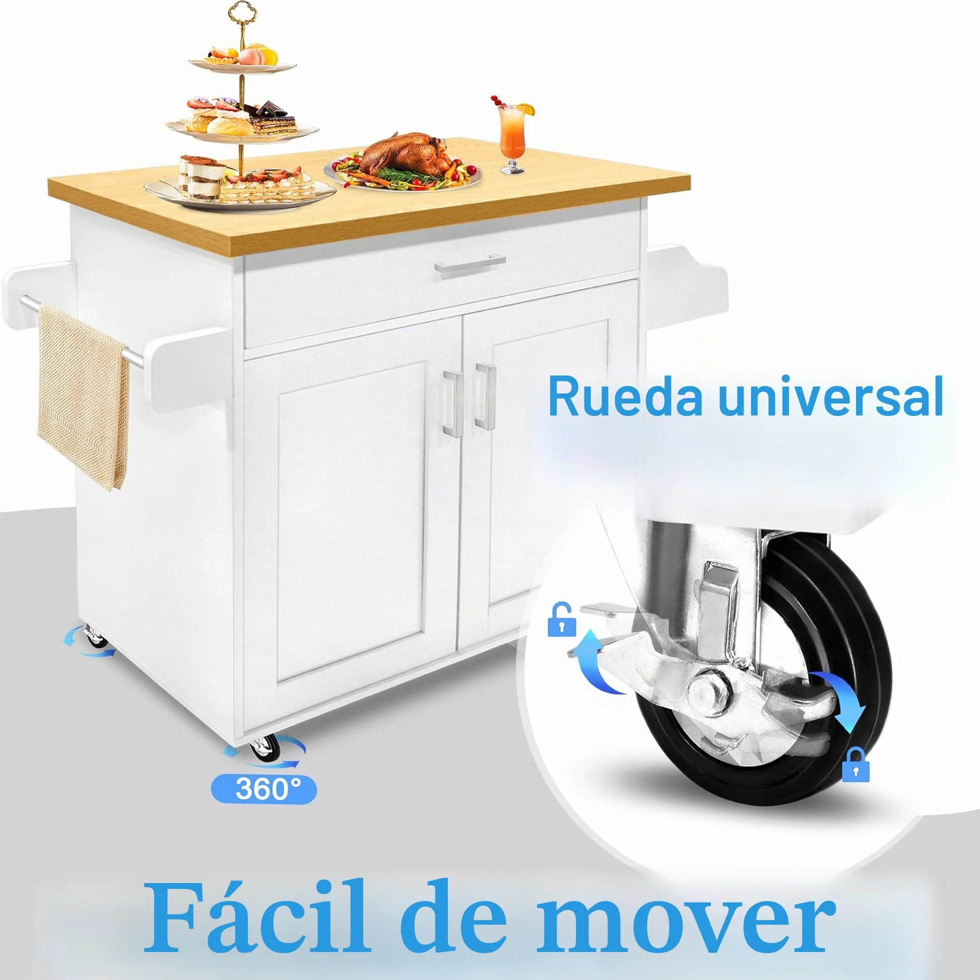 FIVMEN Carrito de cocina blanco con ruedas y encimera, carrito de cocina, isla de cocina de madera, con toallero y tabla de especias, mueble de cocina, 115 x 90 x 36 cm