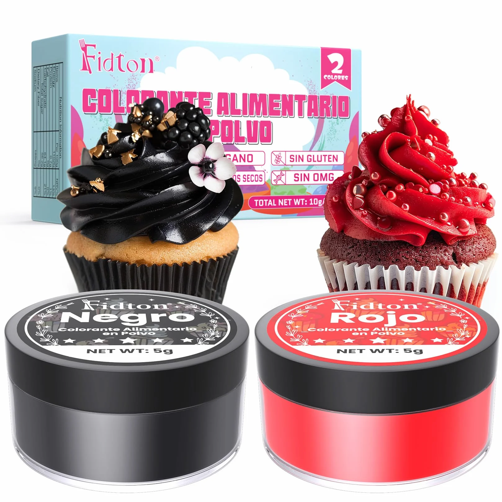 Colorante Alimentario en Polvo 2 Colores Ultra Alta Concentración Reposteria Soluble en Agua Rojo y Negro 5 g
