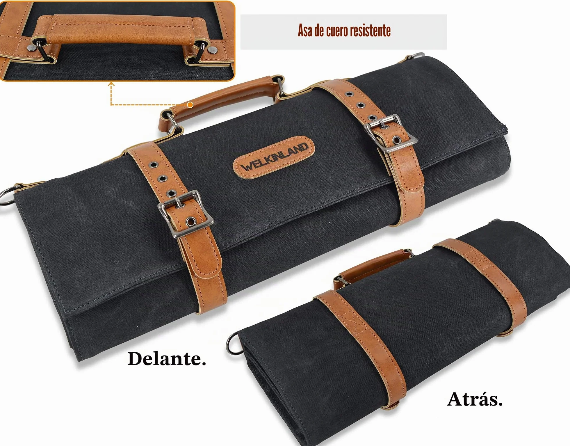 WELKINLAND Rollo de Cuero para Cuchillos de 14 Bolsillos, de Lona, Soporte para Bolsas de Cuchillos, Bolsa de Chef, Bolsa para Cuchillos de Chef, para Cuchillos