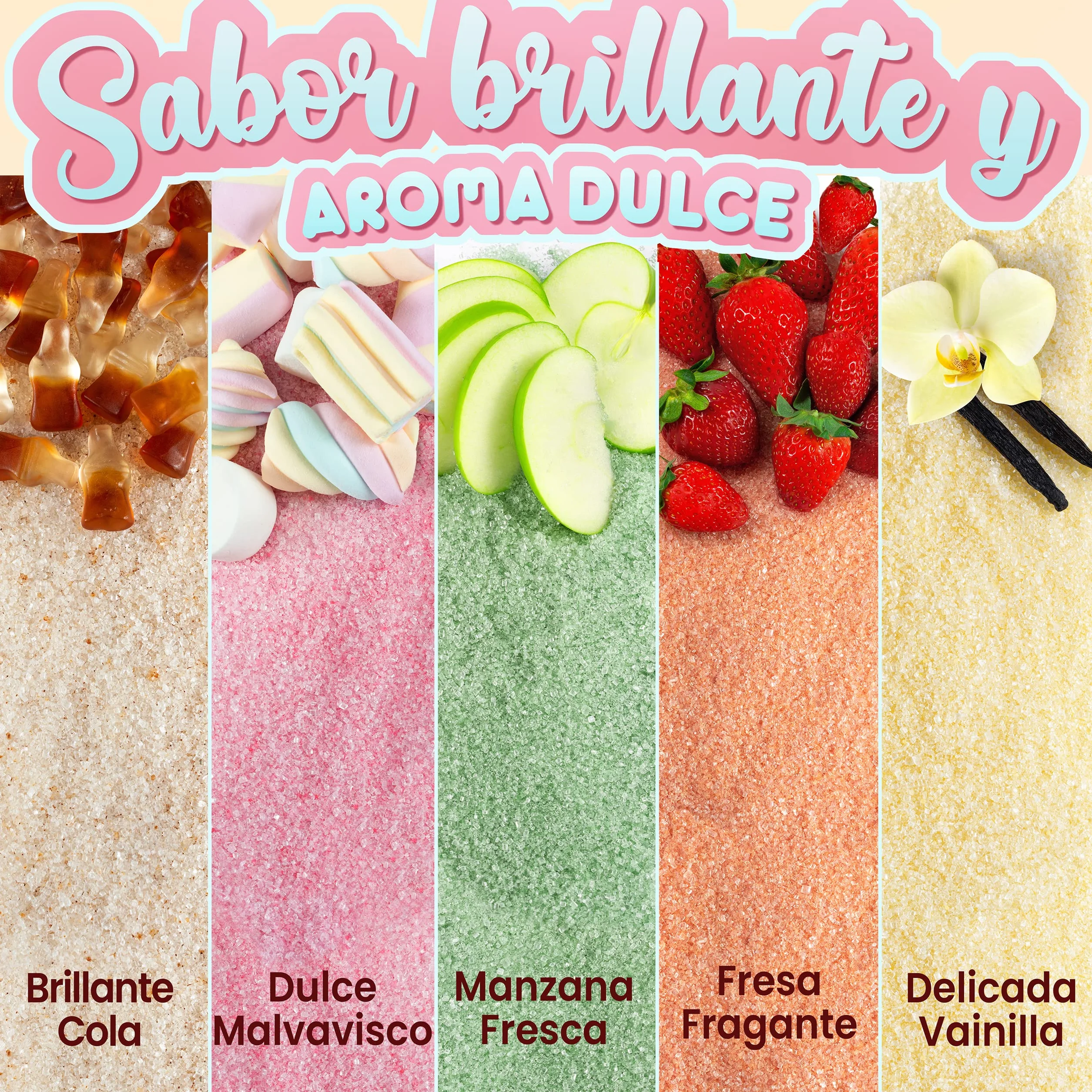 GREENDOSO® Azúcar para Algodón de Azúcar 5x300gr Lote 5 Sabores Naturales 50 Palitos