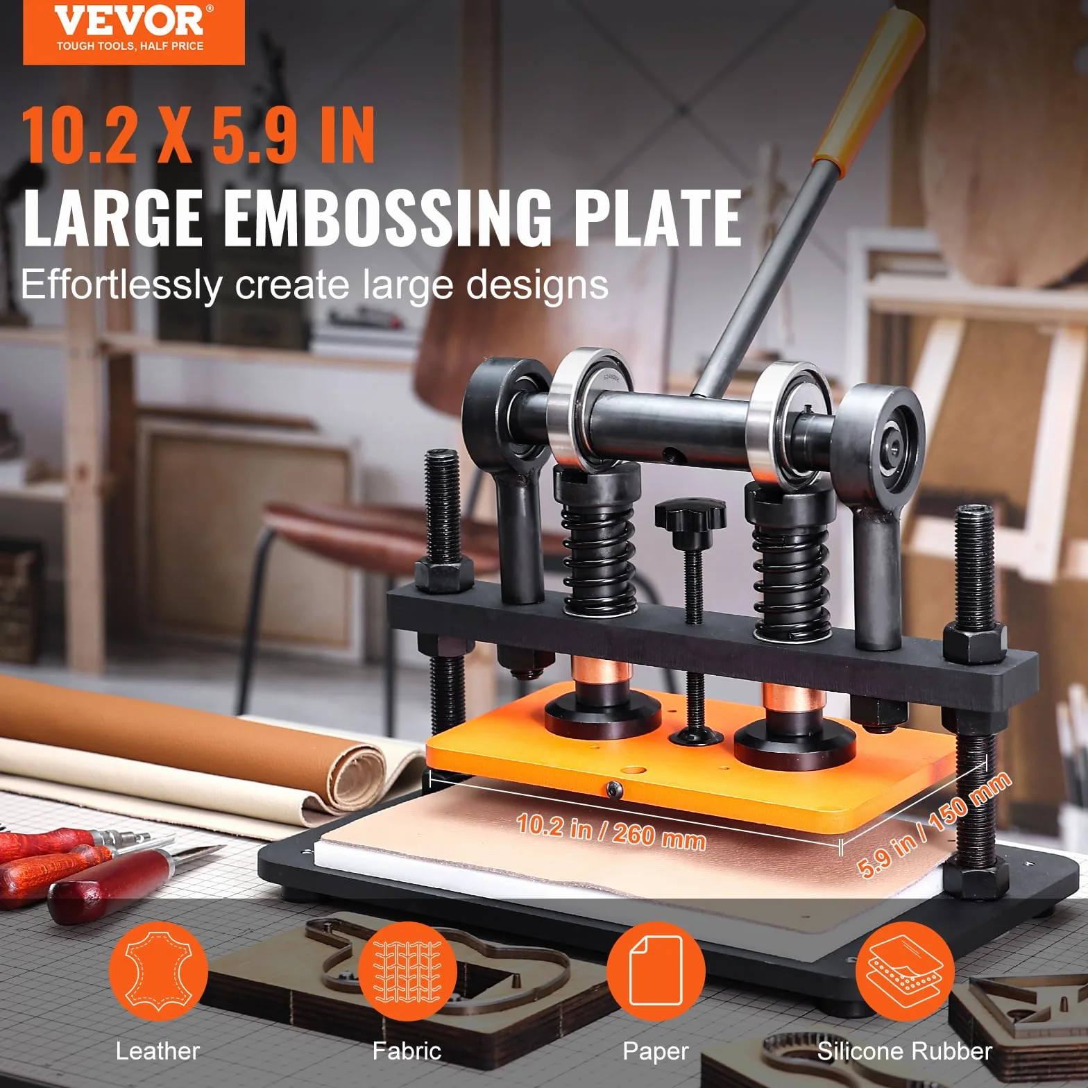 VEVOR Máquina Cortadora de Cuero 260x150 mm Capacidad de Carga de 1,5 T Prensa Troqueladora Manual Carrera Ajustable 12 mm Perforadora Manual para Cuero Papel Espuma Plástico Caucho Varios Materiales