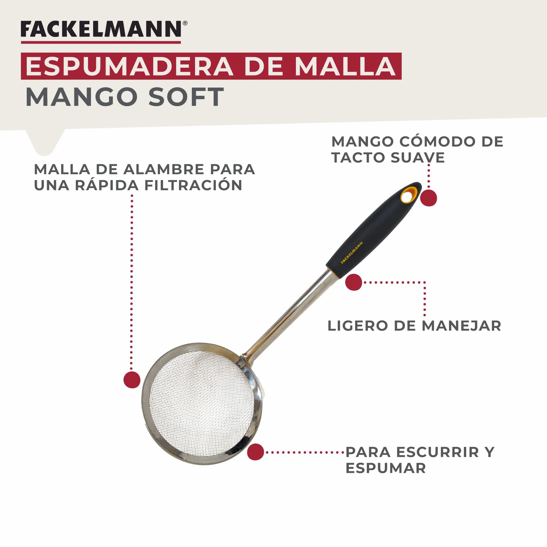 Fackelmann Espumadera de Malla, Acero Inoxidable, 30x11x8 cm, Naranja y Gris
