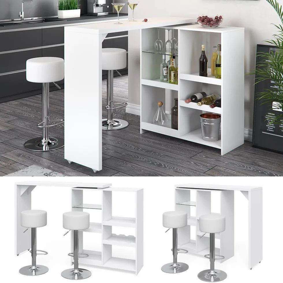 Vicco Set de Mesa de Bar Vega, Blanco, 138 x 39 cm con 2 taburetes de Bar, Plegable con estantes Abiertos para Almacenamiento
