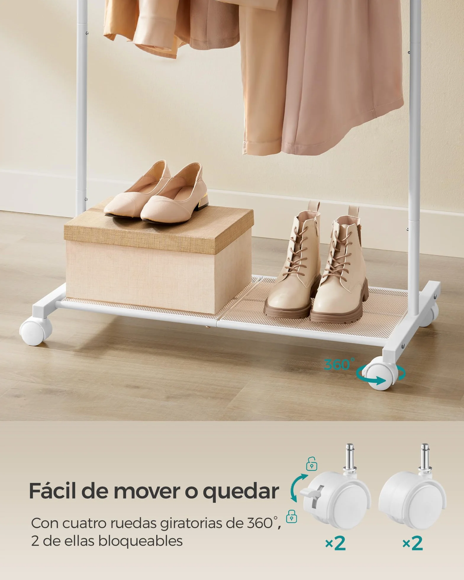 SONGMICS Perchero con Ruedas 74 cm Acero Blanco 35 kg 2 Frenos HSR130W01