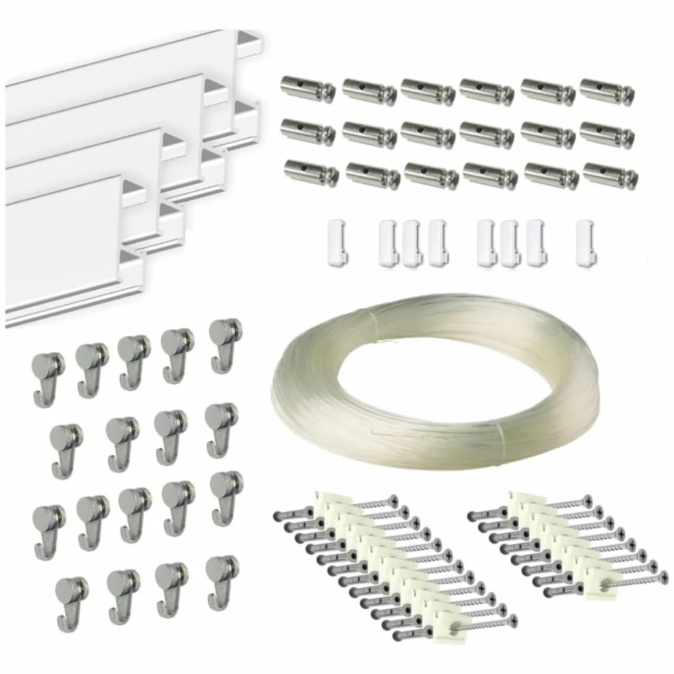 Pack Basic RM de 9 Metros de Guías color blanco con 18 colgadores Nylon para Colgar Cuadros o marcos.