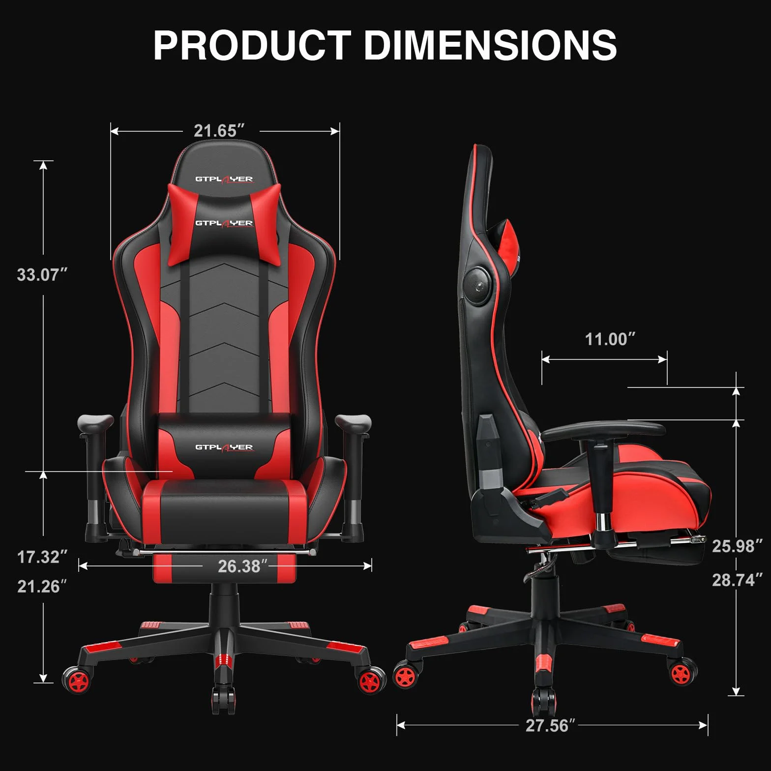 GTPLAYER Silla Gaming con Altavoz Bluetooth Reposapies Escritorio Oficina Gamer Ergonomica con Cojín Reposabrazos 3D Ajustables Respaldo Reclinable Multifuncional Rojo