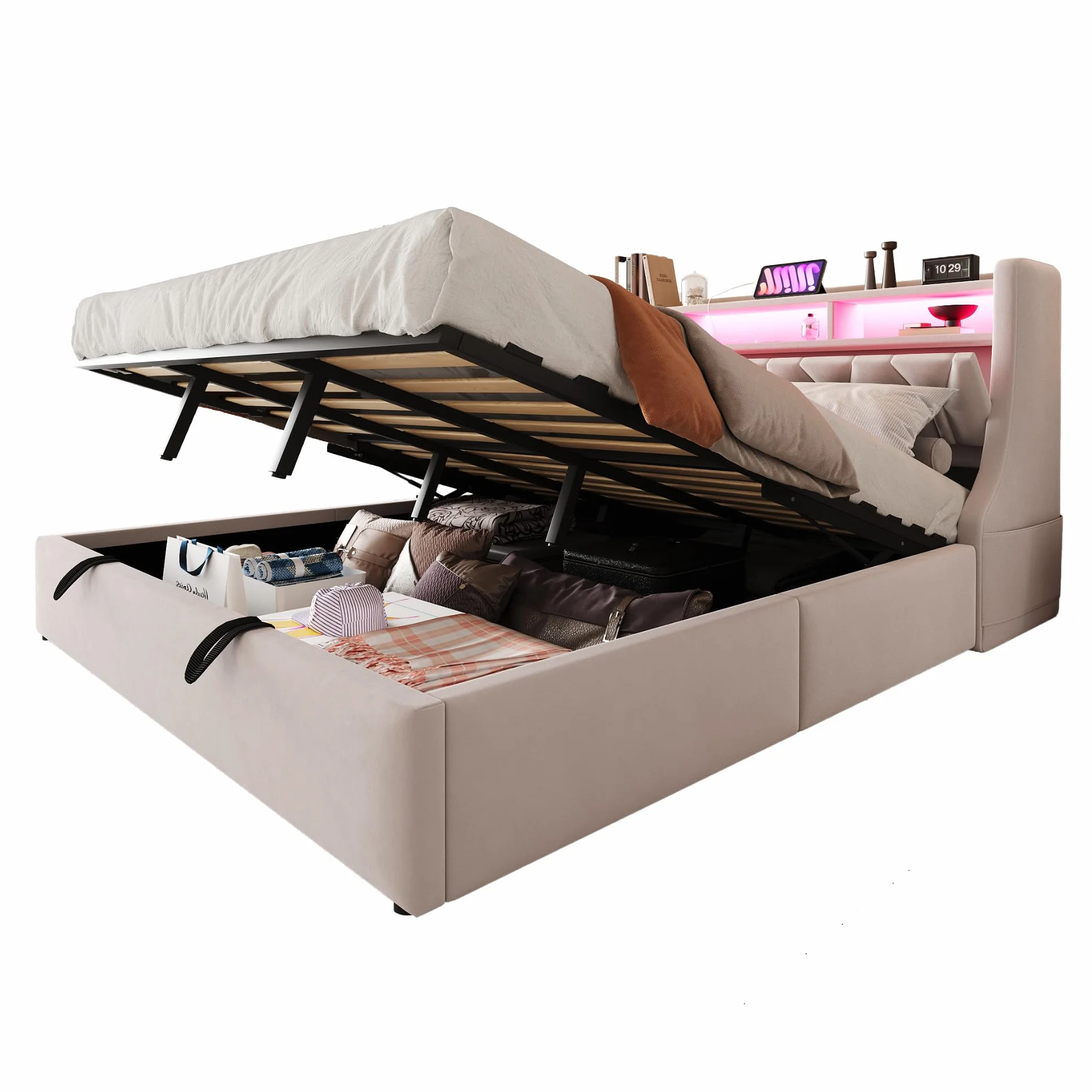 Sapgaks - Cama de 180 x 200 cm, con somier LED y USB, cama doble de 180 x 200 cm, con baúl de almacenamiento y cabeza ajustable, tapizado con láminas, 2 personas marco (sin colchón)