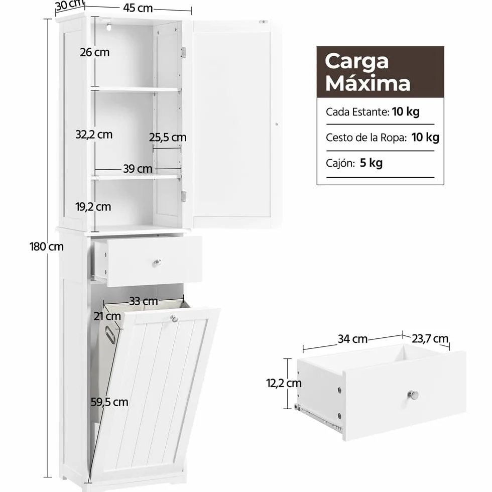 Yaheetech Armario de de Baño Alto Mueble Auxiliar de Baño 45x30x180 cm Armario Estrecho con 1 Armario Cerrado de 3 Estantes Ajustables 1 Cajón y 1 Cesta de Lavandería Blanco