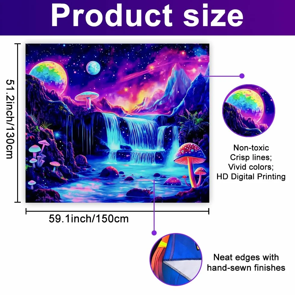WEBEEDY Glow In The Dark Waterfall Tapestry Lila Galaxy 130 x 150 cm