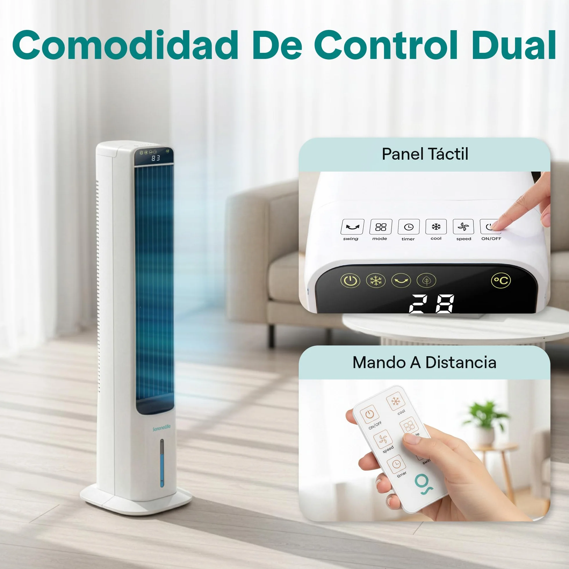 SereneLife Enfriador de Aire Evaporativo, de Torre con Mando a Distancia, Tanque de 5L, 4 Cajas de Hielo, 3 Velocidades, Enfriador de Pie Silencioso con Oscilacion, Portatil, Eficiente en Energia