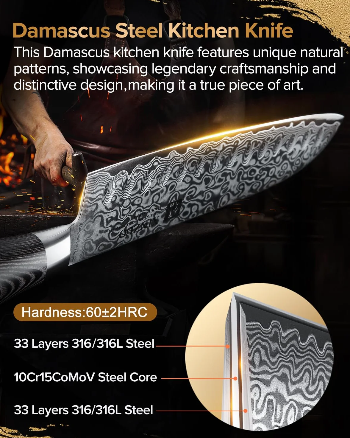 XINZUO Acero Damasco 7 Piezas Set Cuchillo profesional de chef Santoku con Bloque de Madera, Fileteador Universal Fruta,Tijeras de Cocina Multifuncionales con Mango de Pakkawood -Ya Serie