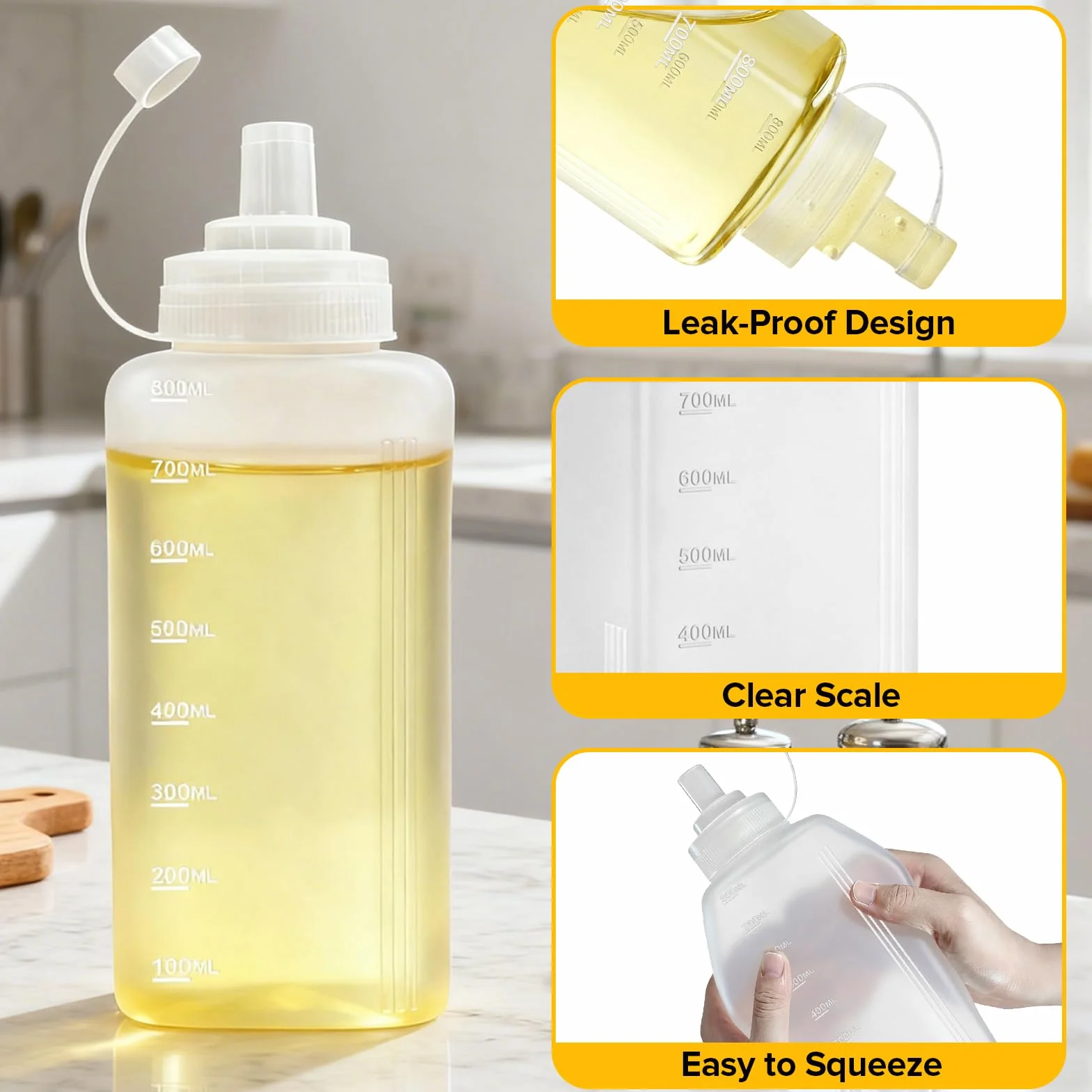 4 Piezas Biberon Cocina 800ml, biberones cocina 27oz, Transparente Botellas de Cocinas con Tapa, Plástico Botella Salsa con Cepillo y Embudo para Salsas Ketchup Oliva Mostaza Líquida