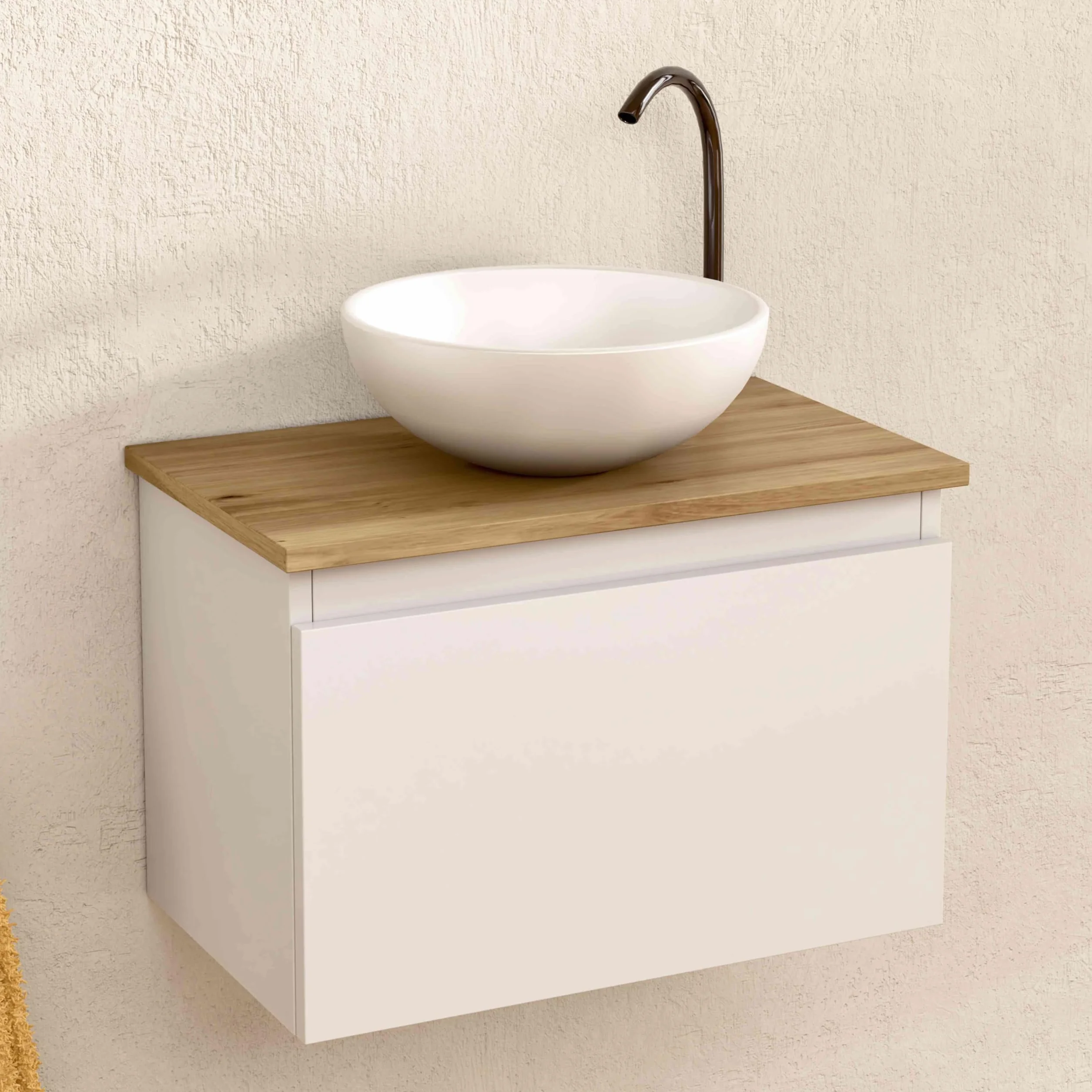 BELLOBATH - Mueble Baño Suspendido con Lavabo de Cerámica Redondo, Mueble Baño con Lavabo Montado con 1 Cajón, 49,5 x 32 x 30 cm, Mueble Blanco/Roble