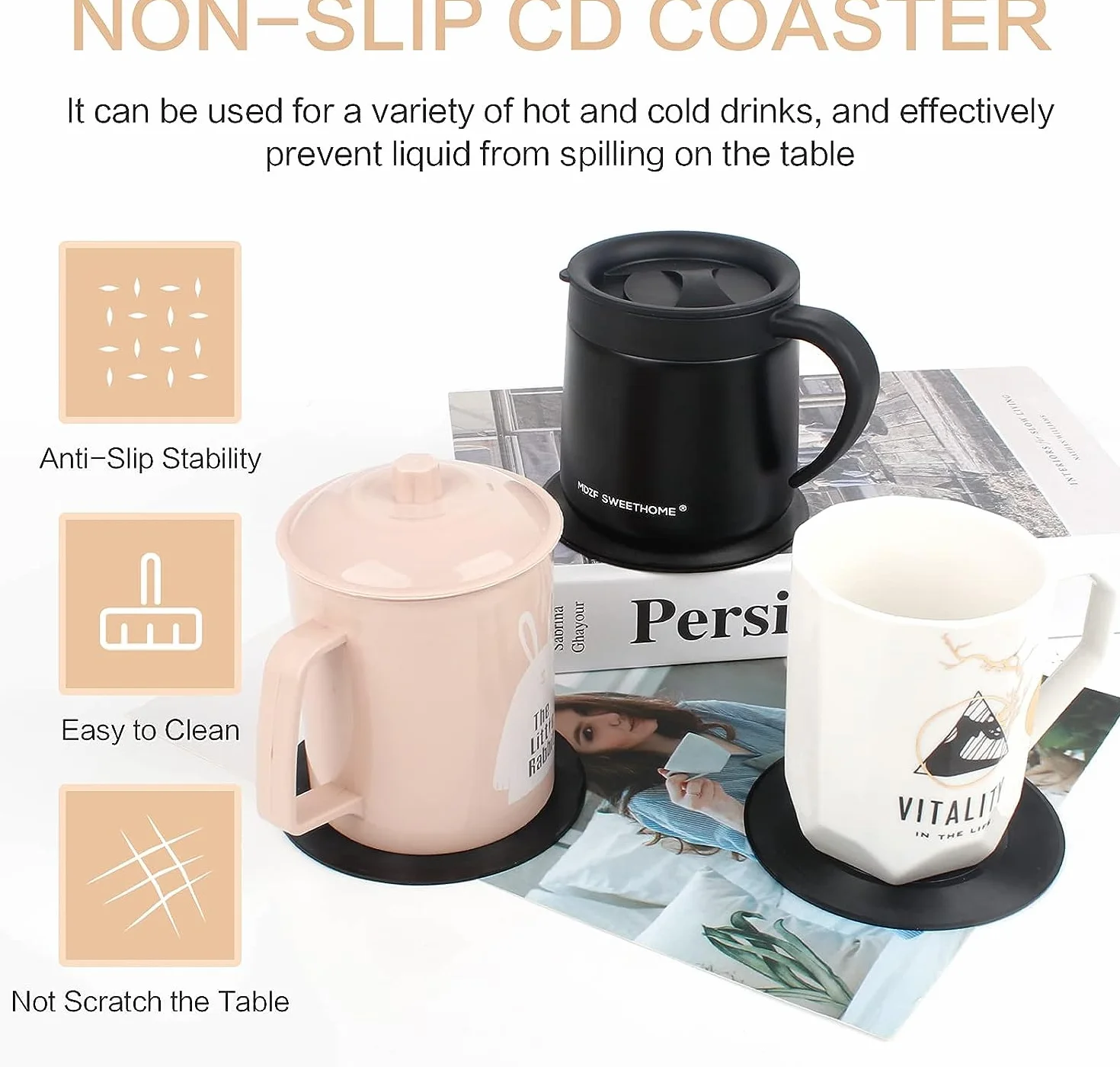 12 Piezas Posavasos de Silicona Originales Posavasos de Vinilo Redondos Antideslizante Posavasos para Bebidas Vasos, Cerveza Bares, Tazas de Café, Té-Negro