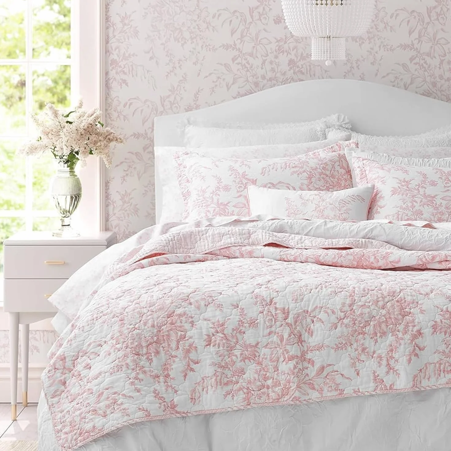 Laura Ashley Ropa de Cama Reversible de algodón con Fundas a Juego, decoración Ligera del hogar para Todas Las Estaciones, Color Rosa Bedford, tamaño Queen