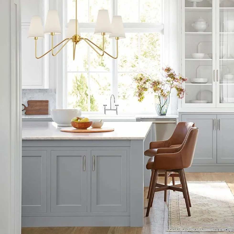 Moderna lámpara de salón lineal suspensión luminaria para isla de cocina con pantalla de tela blanca, suspensión regulable en altura para sala de estar dormitorio pasillo(dorado 5 heads)