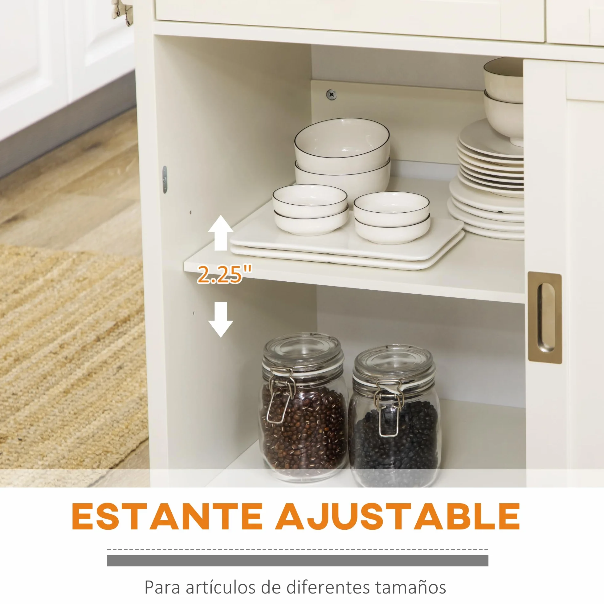 HOMCOM Carrito de Cocina Isla de Cocina Multifuncional con 4 Ruedas 2 Puertas Correderas 2 Cajones Estantes Ajustables y Barra de Colgar para Comedor Sala 110x49,5x89,5 cm Crema